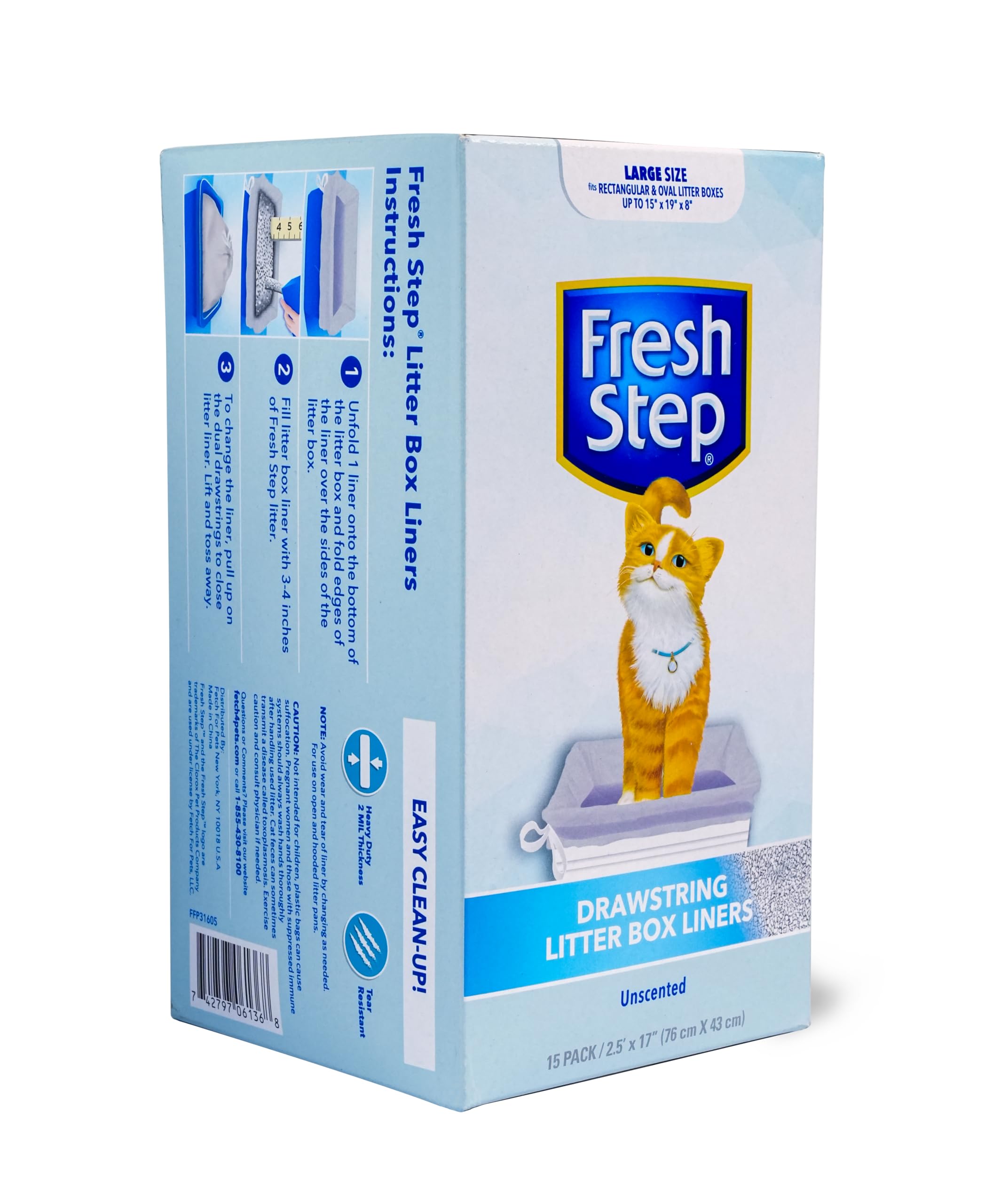 Fresh Step Drawstring Cat Litter Box Liners, Unscented, Size Large, 30' X 17' | Kitty Litter Bags - Cat Litter Liners For Rectangle Or Oval Litterboxes, 15 Count - 12 Pack