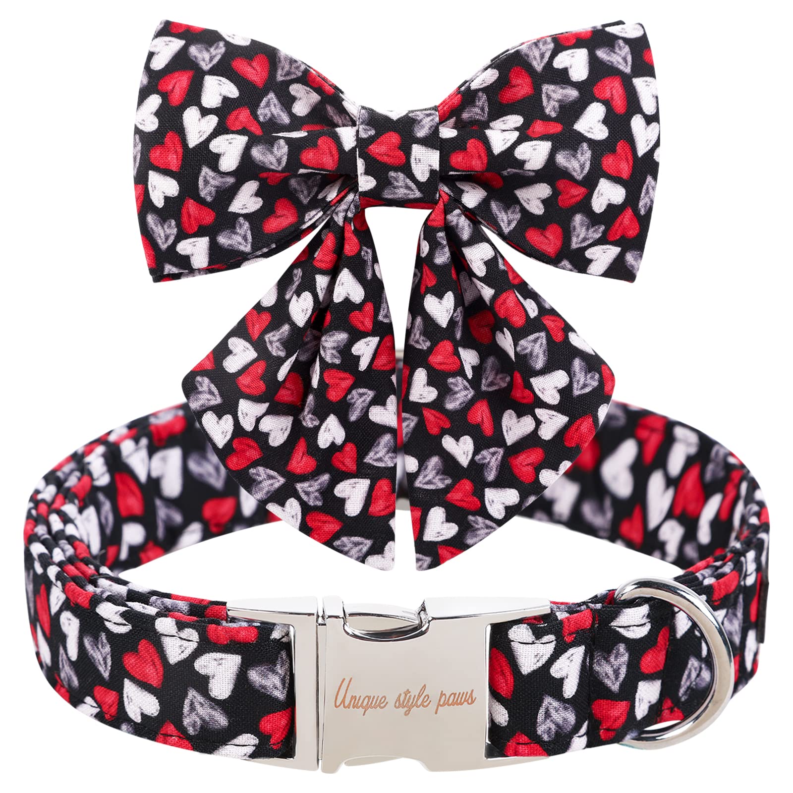 Unique Style Paws Valentine'S Day Dog Collar With Tie Black & Red Heart Puppy Collar Best Gothic Style Gift For Small Medium Large Boys Girls-S