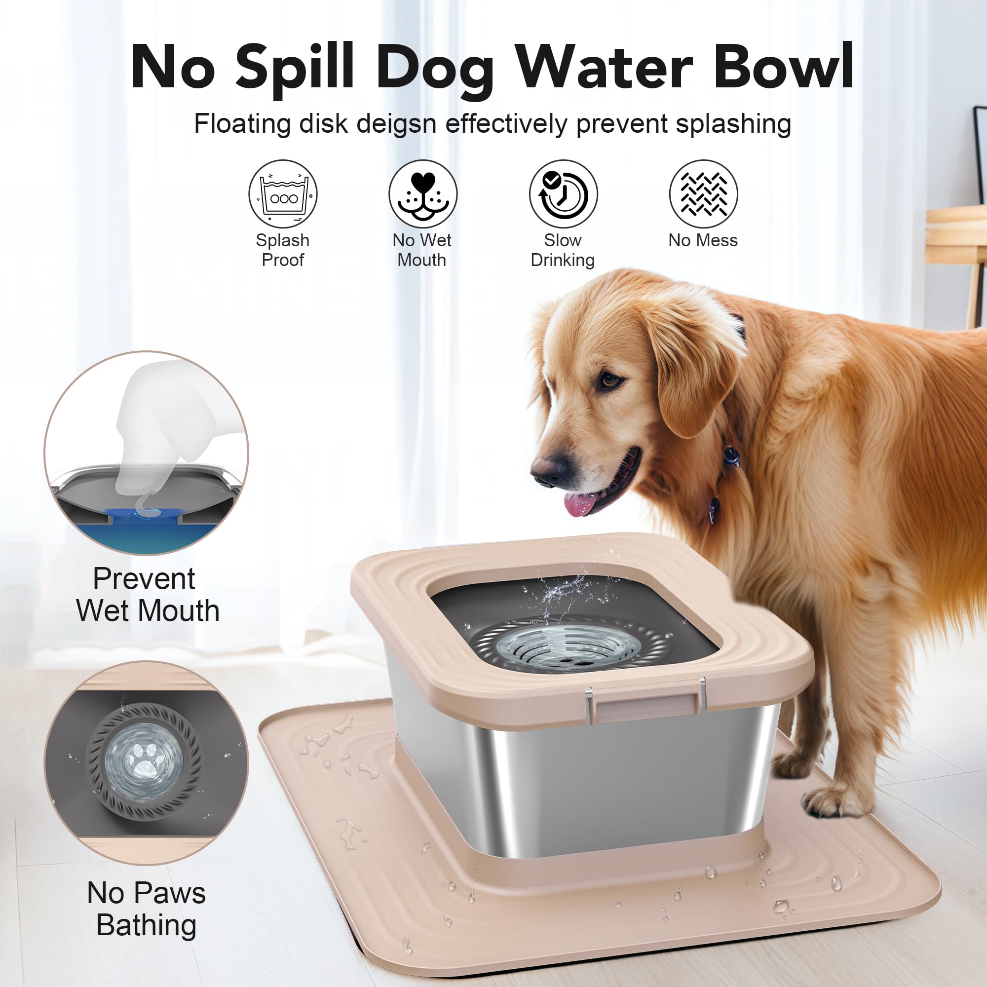 Decflow 10L Stainless Steel Dog Water Bowl, No Spill Anti-Splash Dog Bowls with XXL Silicone Mat, Spill-Proof Slow Feeder for Me