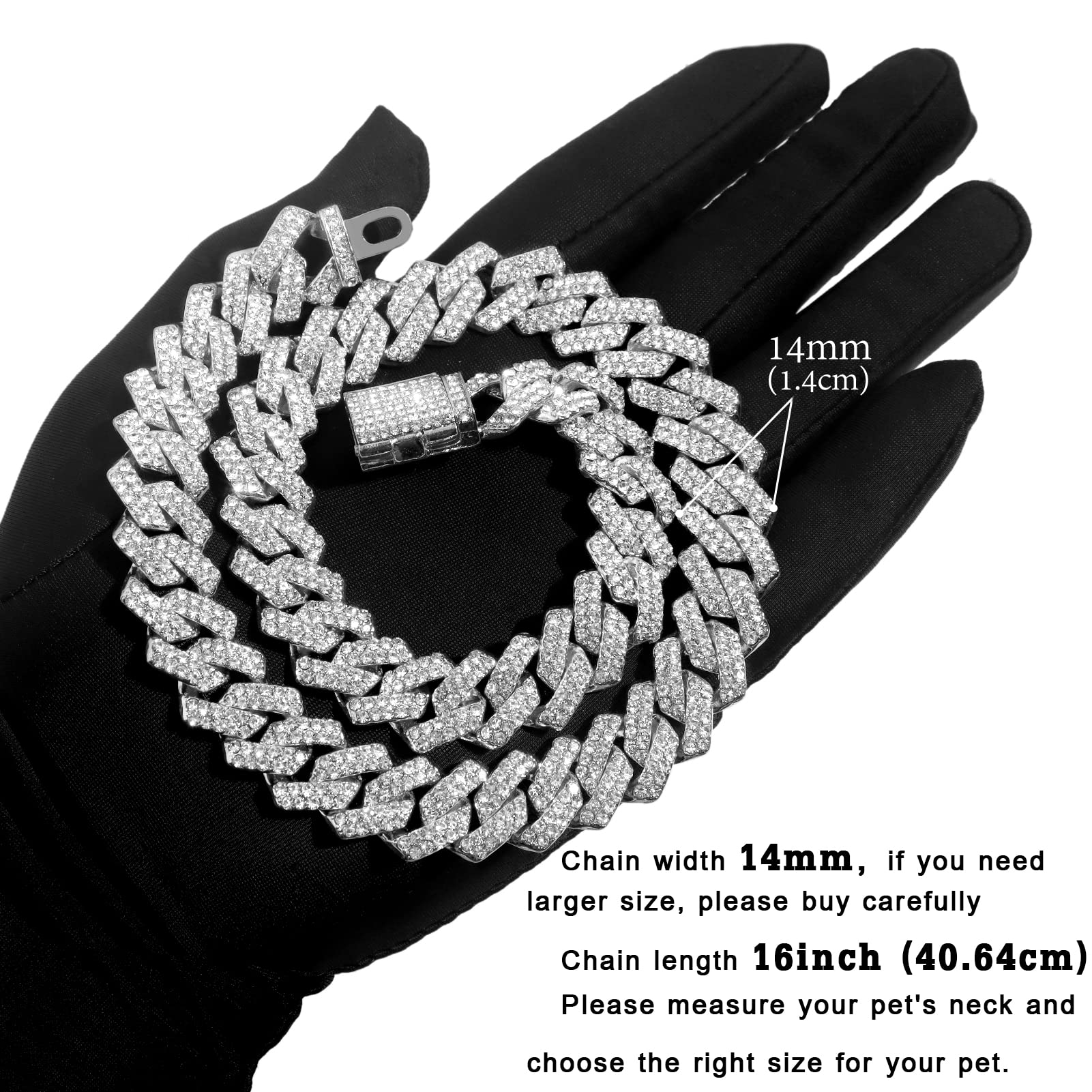 Flatfoosie Dog Chain Collar Walking Metal Chain Collar Cuban Link Dog Collar With Secure Buckle 14Mm Pet Gold Chain Dog Collars For Small Medium Large Dogs Cats (16 Inch, Silver)