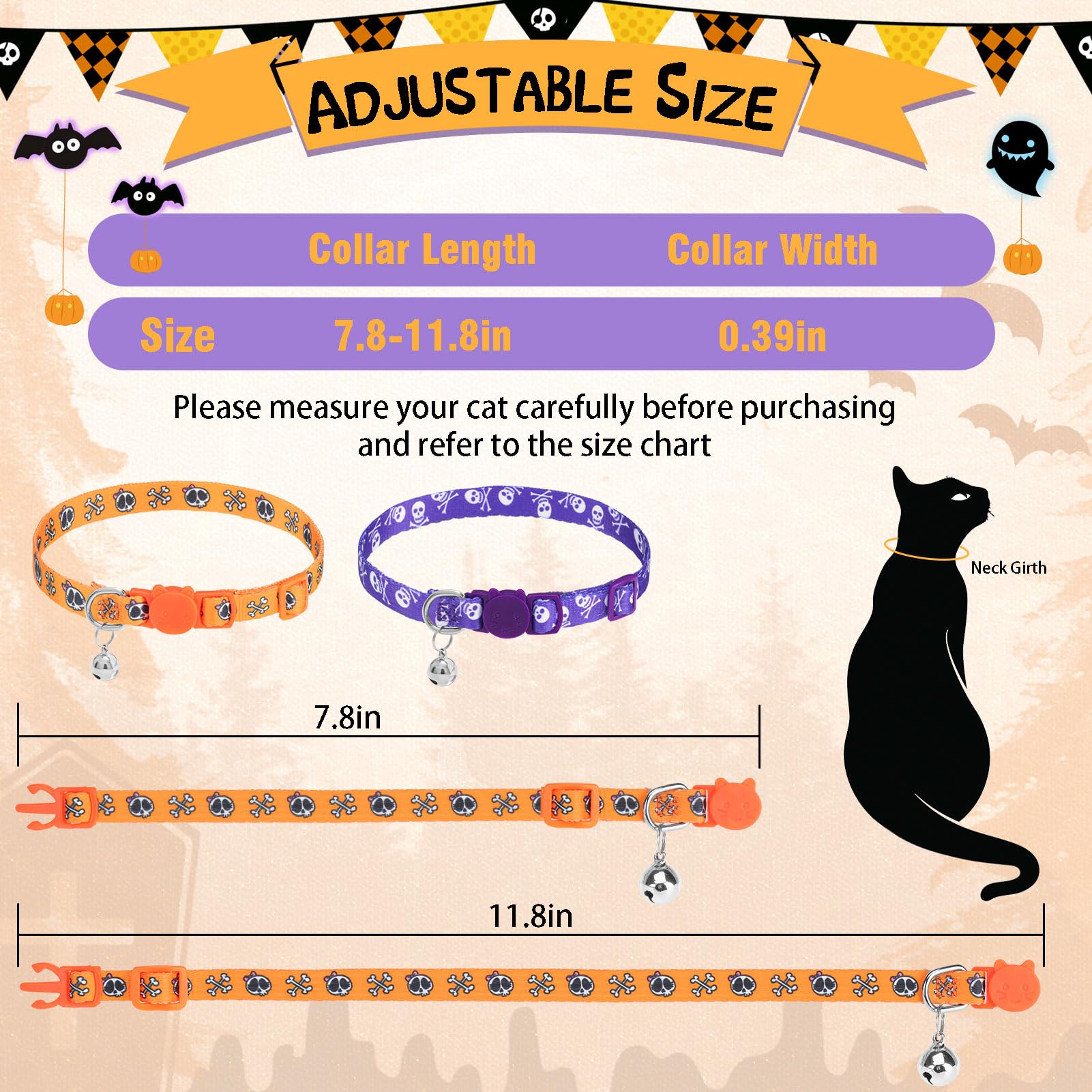 Pupteck Cute Breakaway Cat Collar With Bell Charm, 2 Packs Adjustable Kitty Collars Purple & Orange Skull Pattern