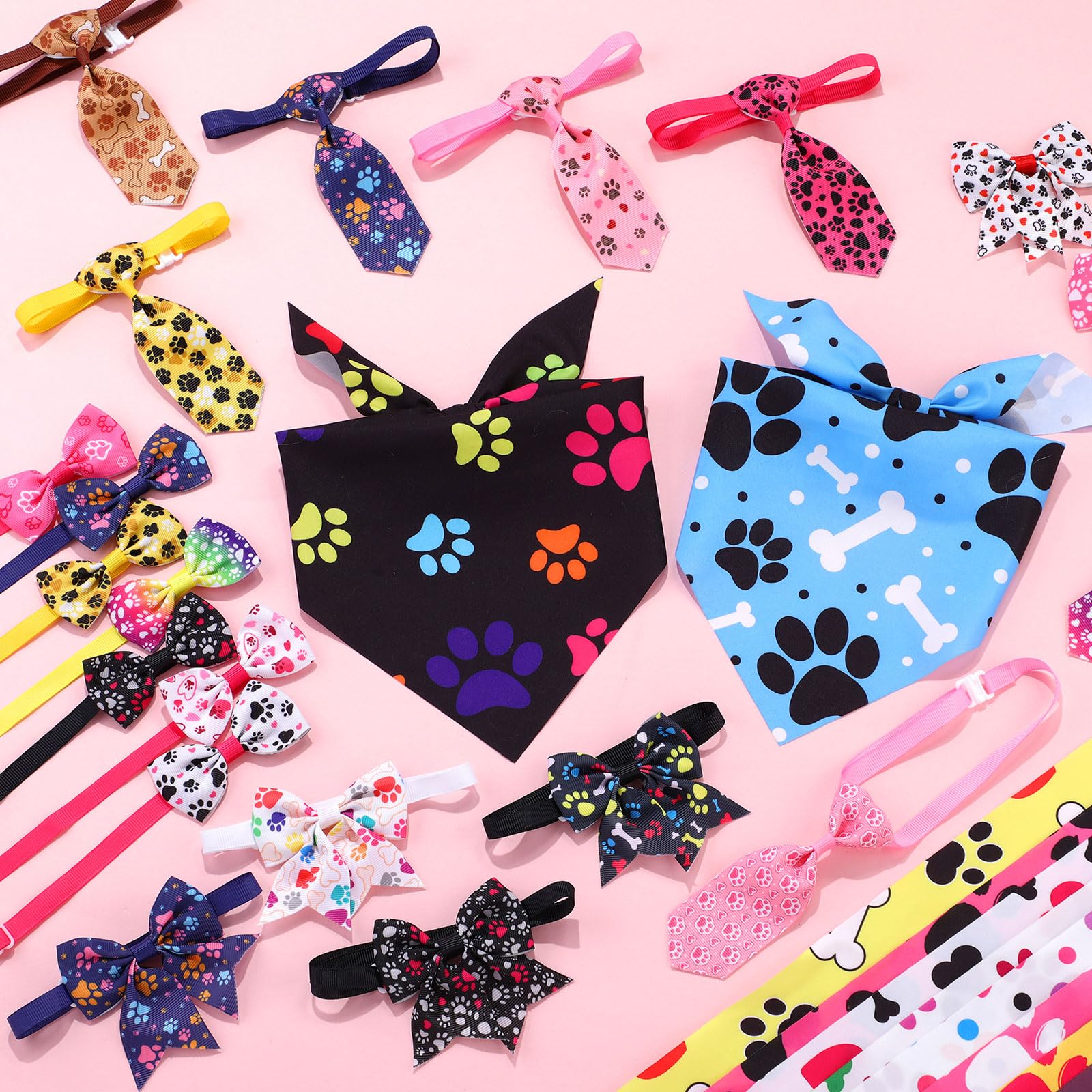 Reginary 120 Pcs Paw Bone Print Dog Bandanas Bulk Dog Bows Set Bow Ties Cat Scarf Colorful Washable Triangle Pet Kerchief Cute B