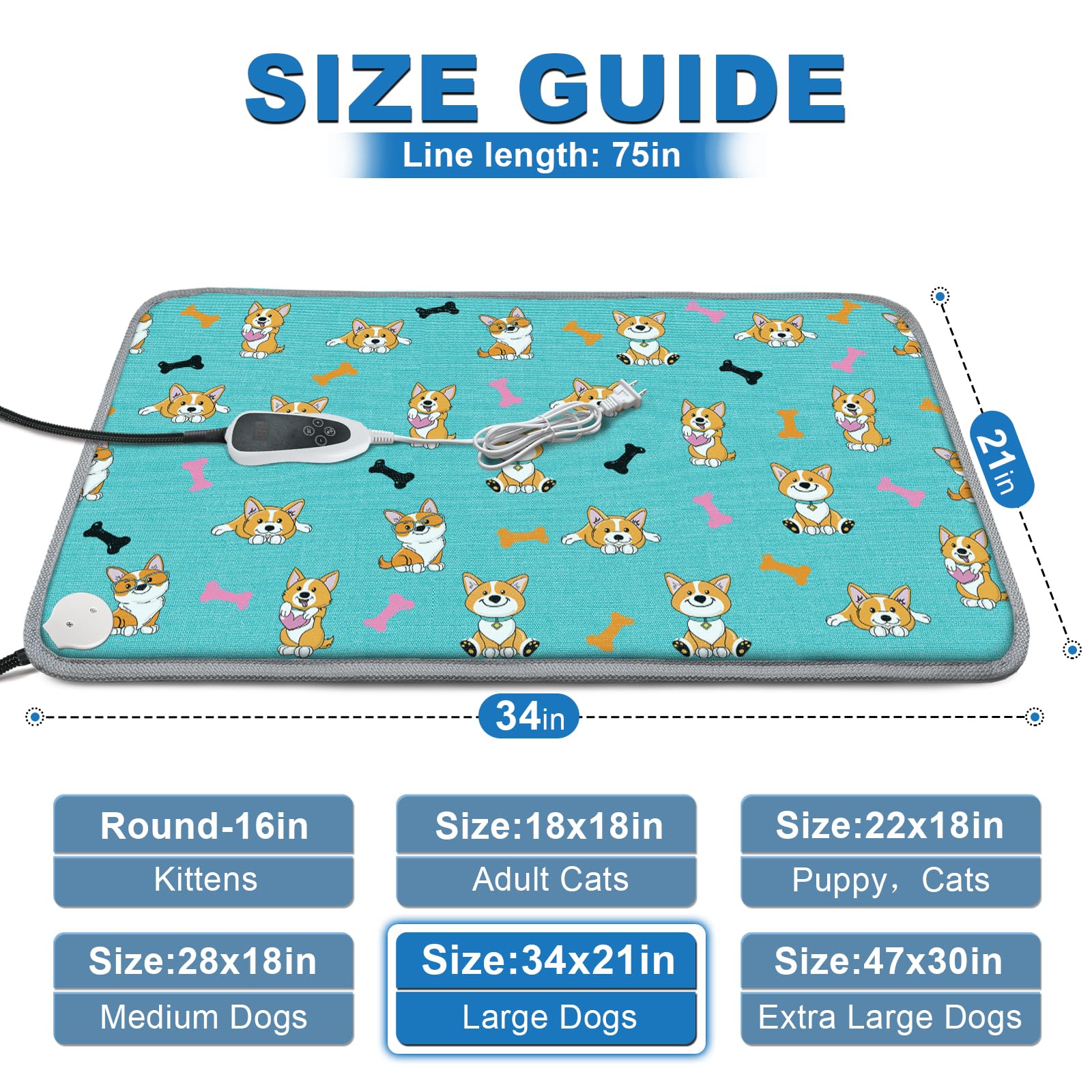 Golopet Dog Heating Pad 34X21In Waterproof Pet Heating Pad For Dogs Smart Thermostat Switch, Whelping Supplies Heated Dog Bed,Adding Wire Rope Wires Puppy Heating Pad Mat-Whelping Box For Dogs-Blue