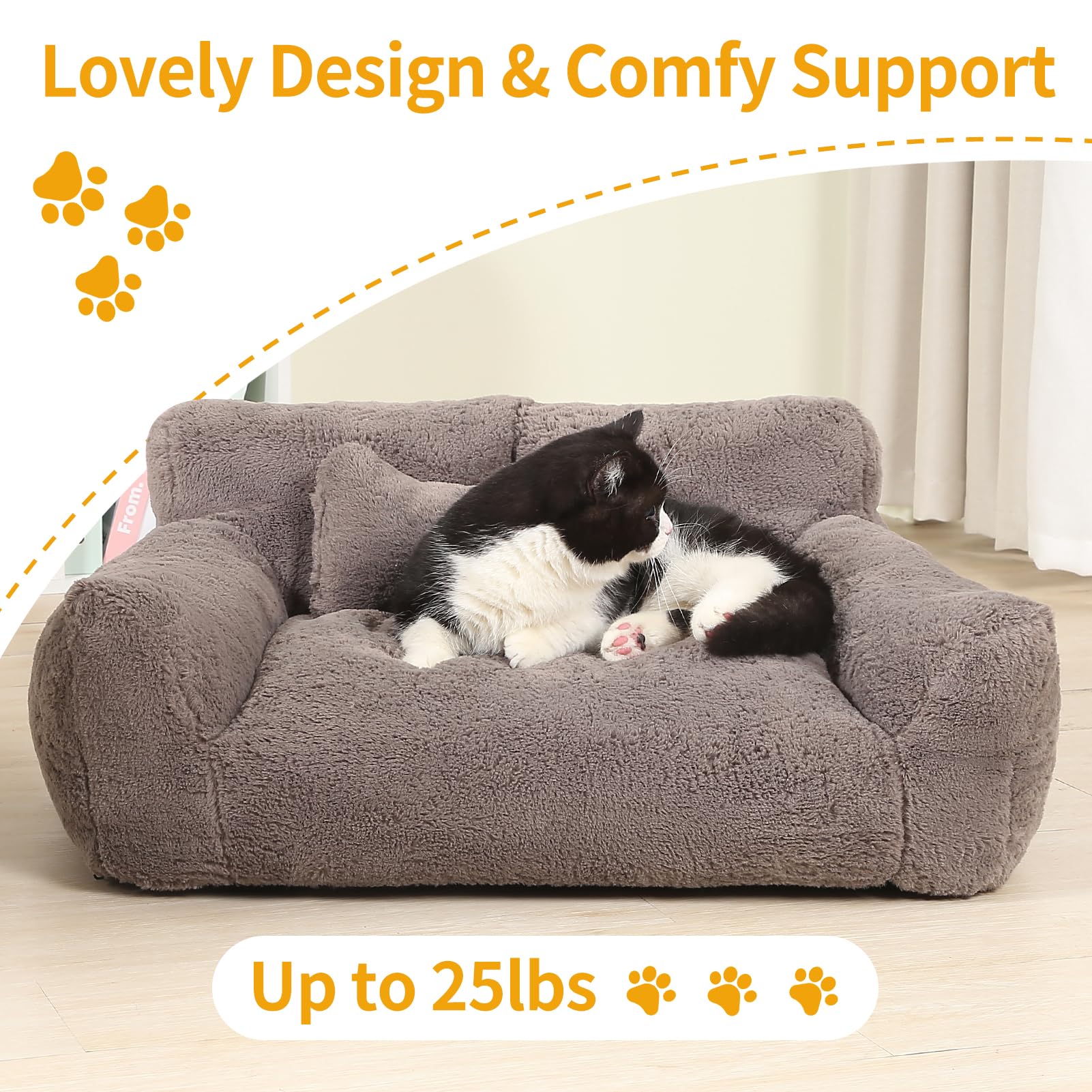 Bestroyal Fluffy Cat Couch For Indoor Cats, Small Dog Bed With Bone Shaped Pillow, Anti-Anxiety Pet Bed With Washable Cover, Bro
