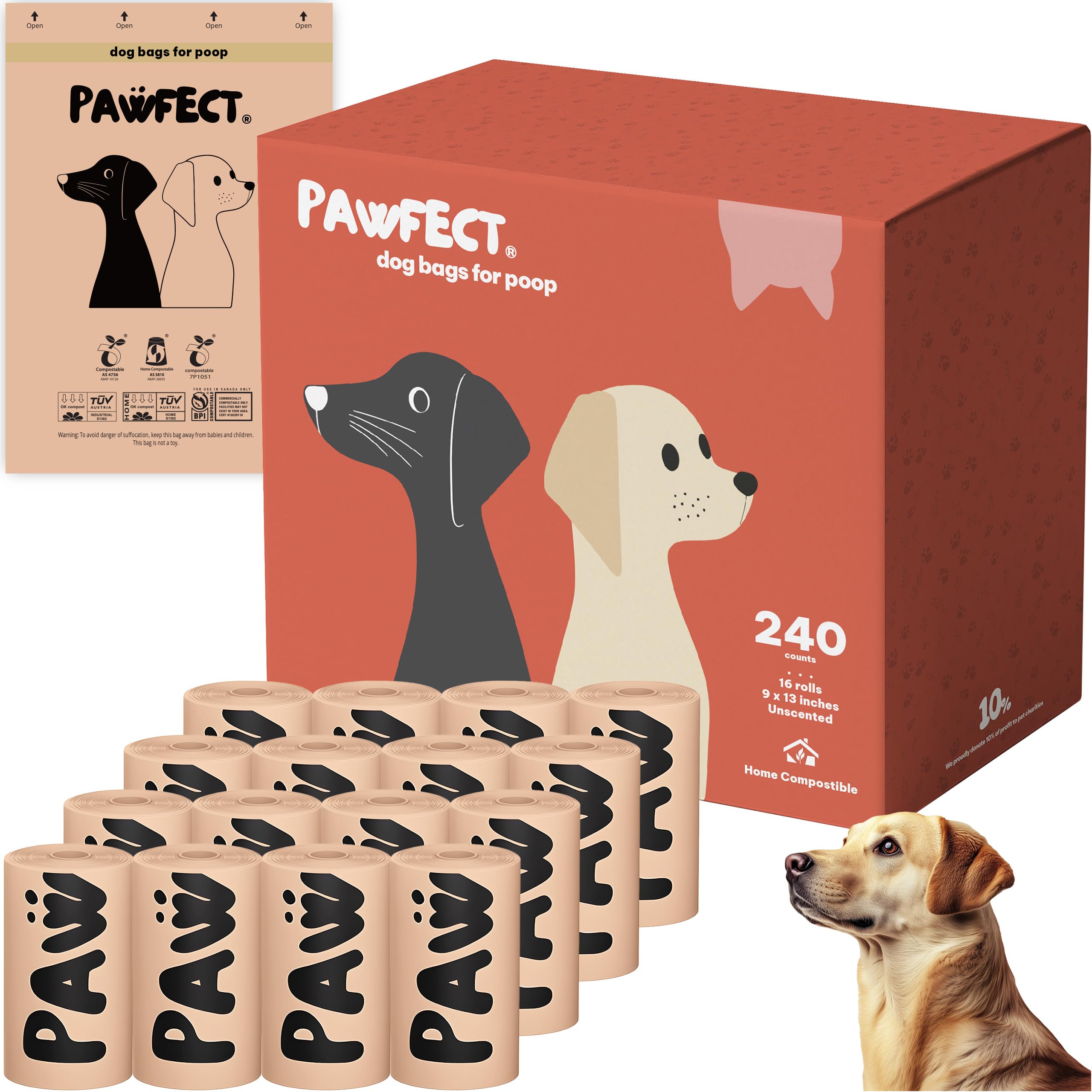 Pawfect Dog Poop Bags Rolls - Biodegradable Doggie Bags, Compostable Dog Waste Bags, Bpi Certified Pet Waste Bags, Unscented, La