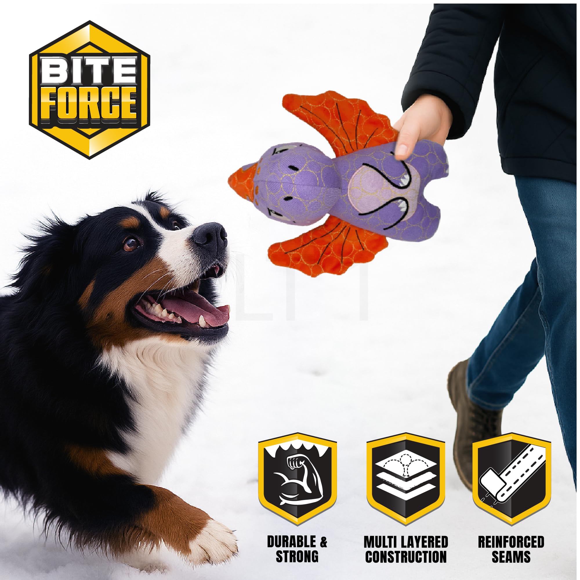 Bite Force Durable Dog Toy - Purple Dino with Squeaker, Kevlar-Reinforced for Aggressive Chewers, Model BF1140-PS