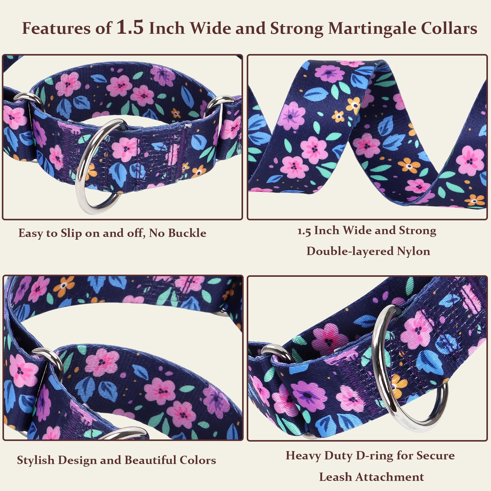 Martingale Dog Collars For Large Dogs, 1.5 Inches Wide And Thick Dog Collars With Bull Flower Design, Perfect Collar For Dogs Wi