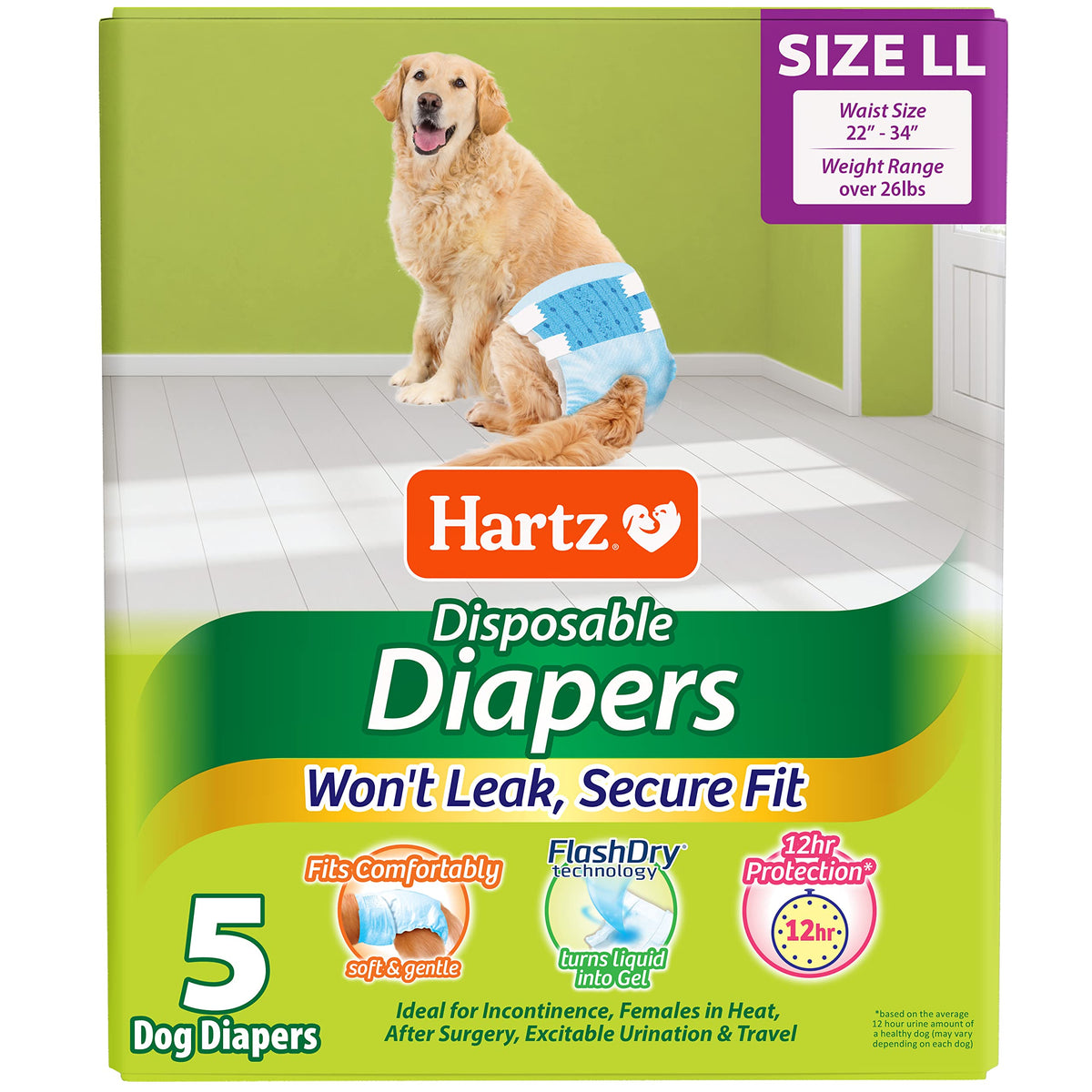 Hartz Disposable Dog Diapers, Size L 5 Count, Comfortable & Secure Fit, Easy To Put On