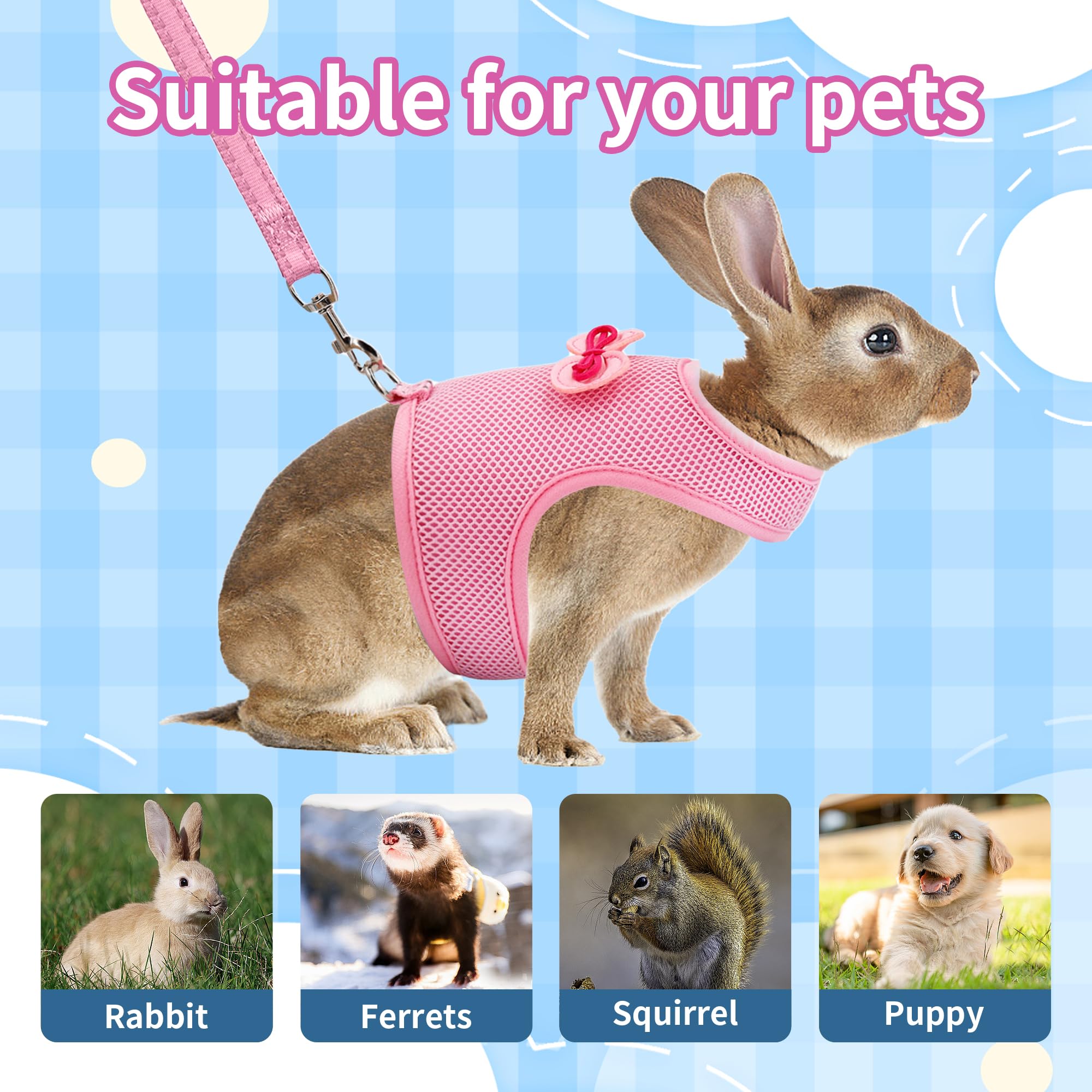 Aiitle Bunny Harness And Leash Set, Soft Breathable Mesh Vest Harness With Cute Bow For Rabbits Kitten Ferret Small Pig Puppy Wa