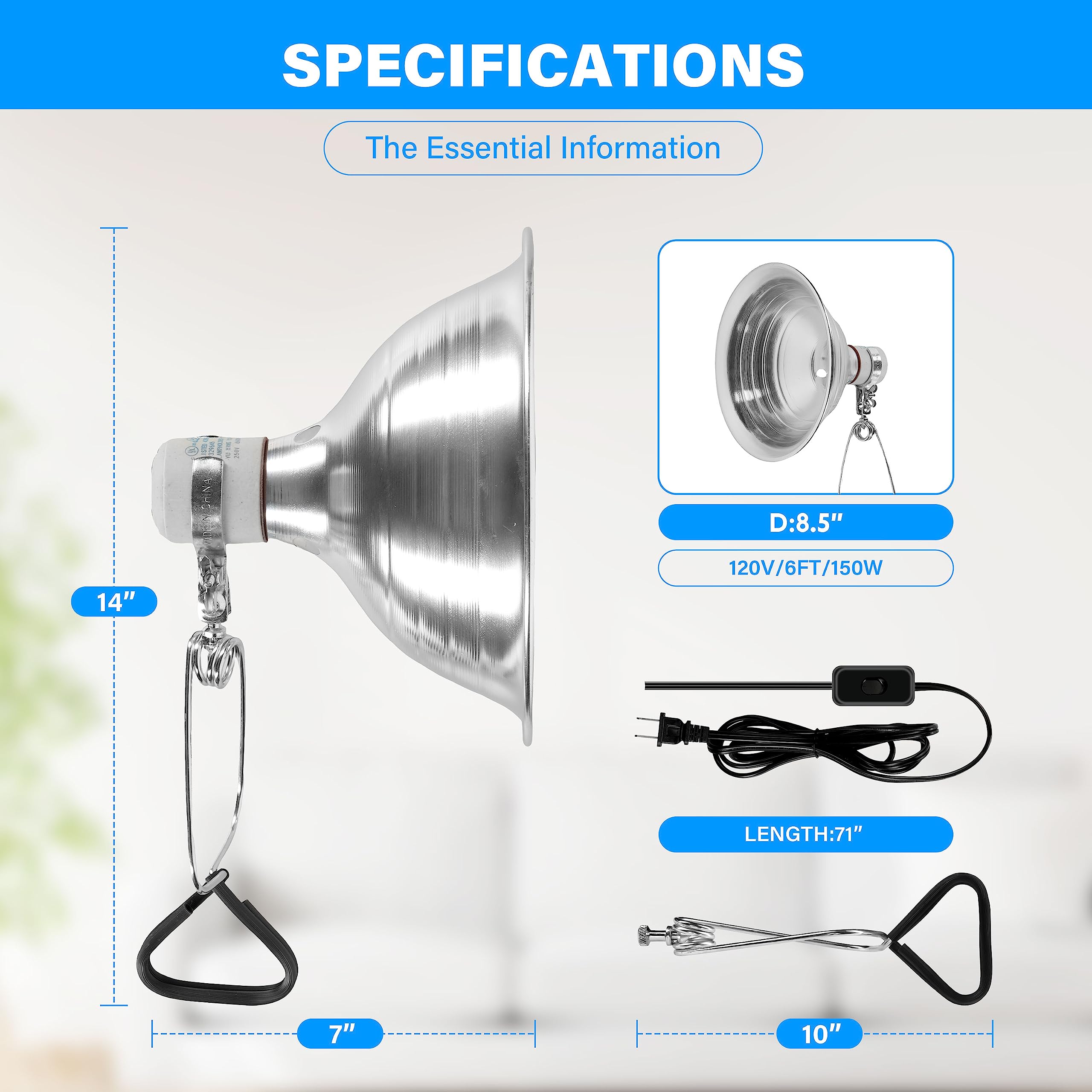 Simple Deluxe 150W Ceramic Reptile Heat Lamp Bulb & 150W Clamp Light with 8.5'' Aluminum Reflector Combo for Amphibian Pets, 2 P