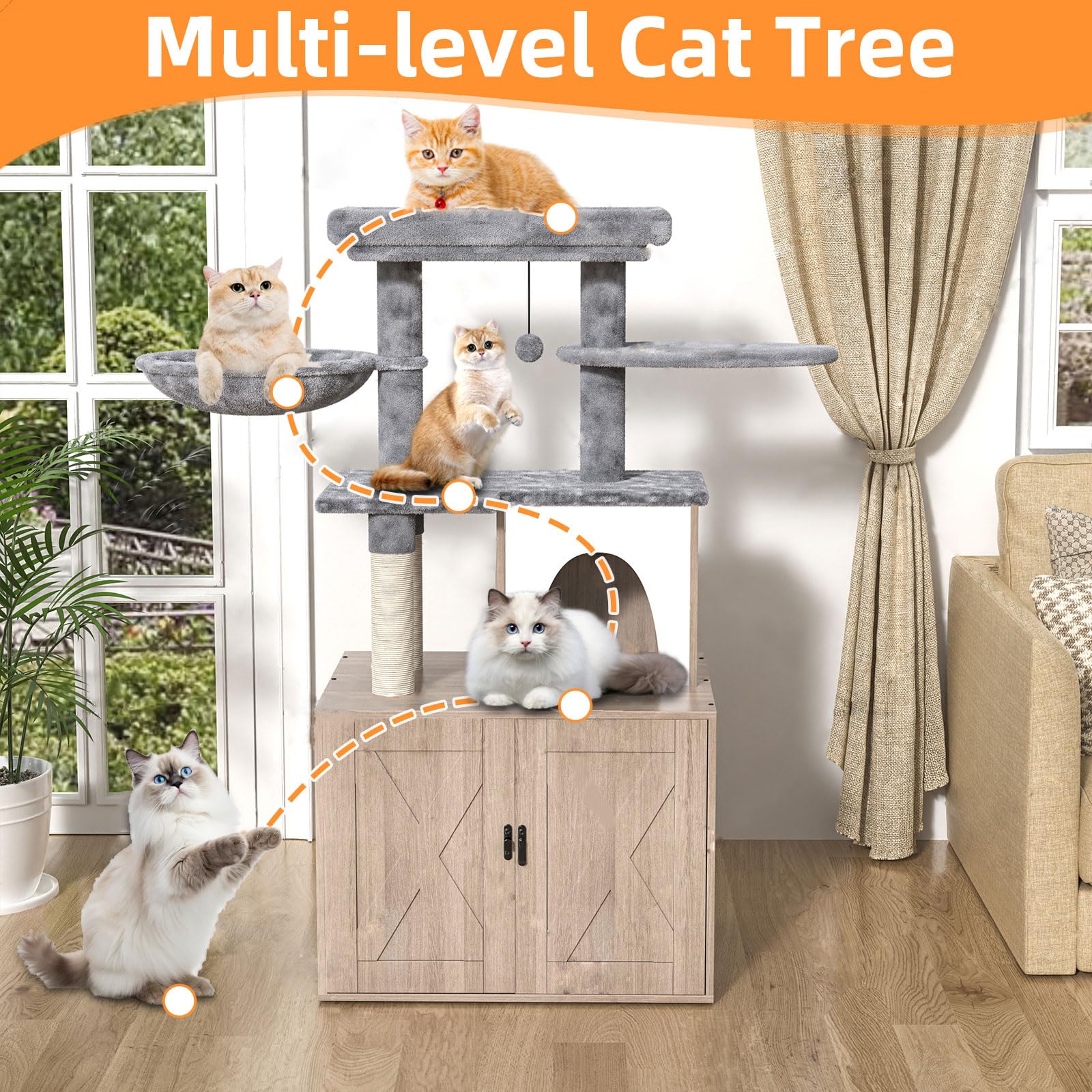 Havenlyyouth Litter Box Enclosure With Cat Tree,Cat Tree With Litter Box Enclosure,Hidden Pet Washroom Furniture With Sisal Scra