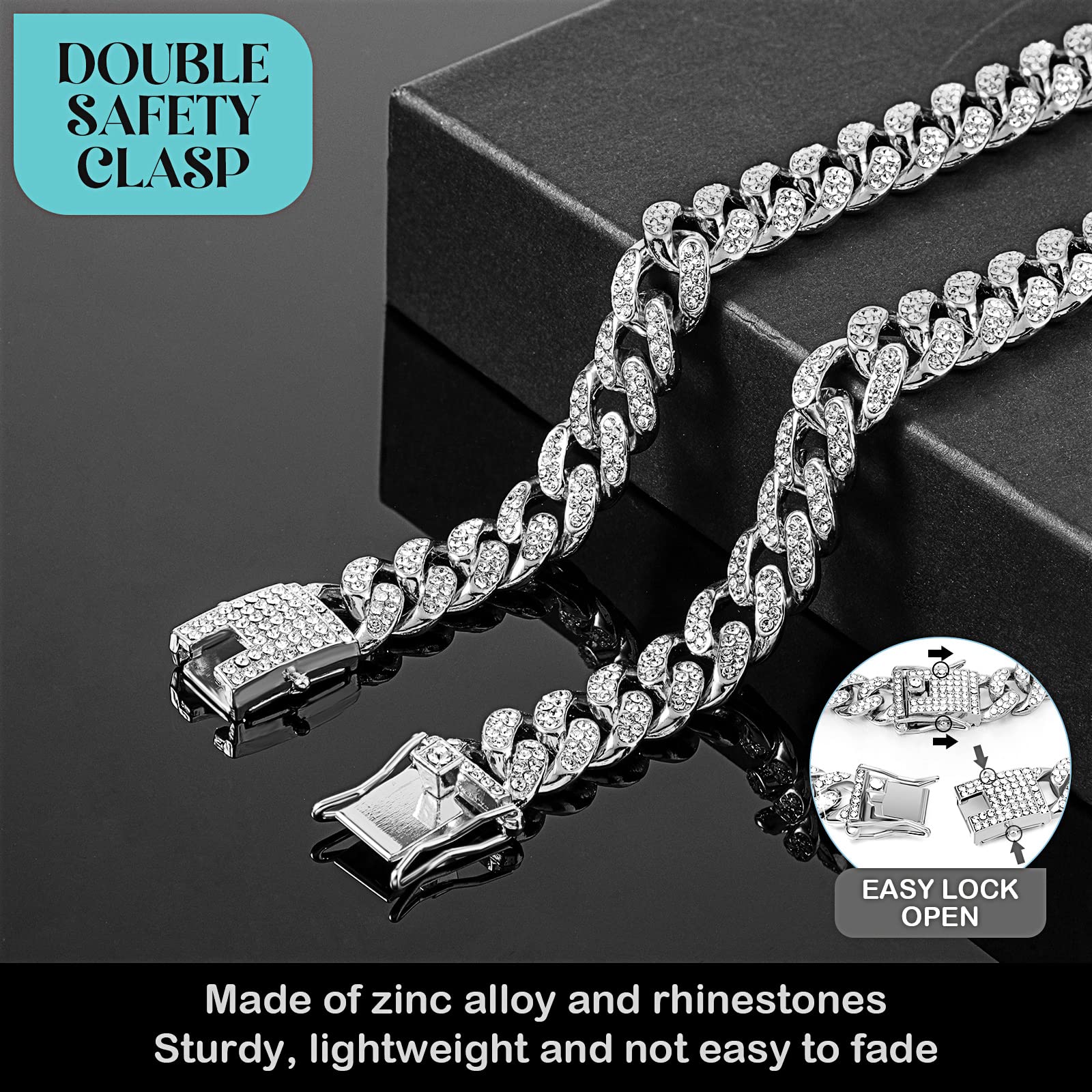 Tallew Dog Chain Diamond Cuban Collar Walking Metal Chain Collar With Design Secure Buckle, Pet Cuban Collar Jewelry Accessories For Small Medium Large Dogs Cats (Silver, 22 Inch)