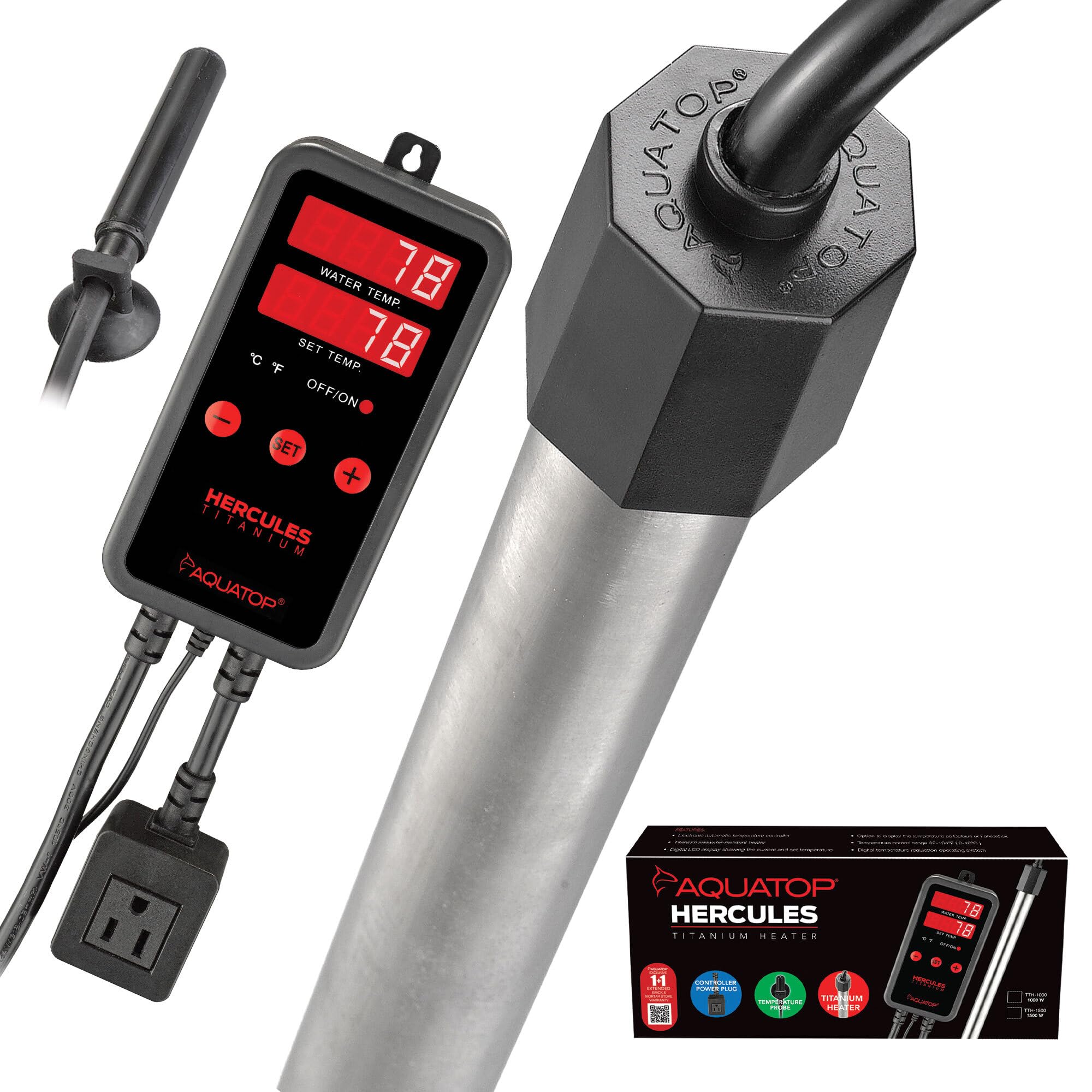 Aquatop 1000W Titanium Tube Heater With Digital Controller - Fully Submersible For 200-300 Gallon Fish Tanks, Adjustable High &