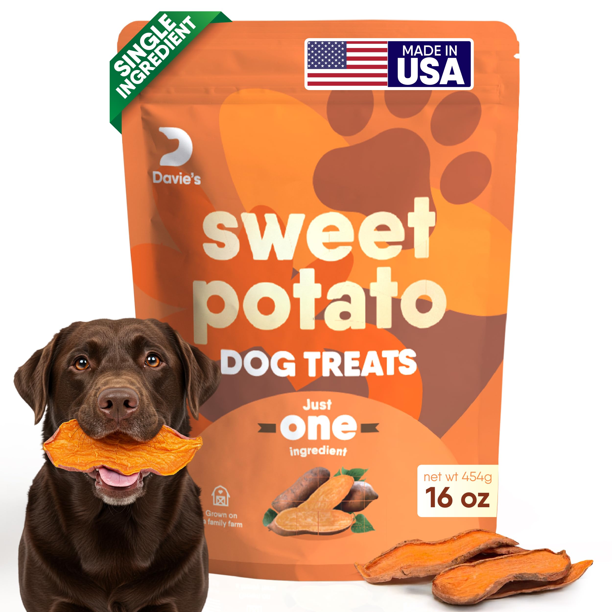 Davies Sweet Potato Dog Treats - Healthy, Natural Dog Chews, Low Fat, 1 lb. Bag