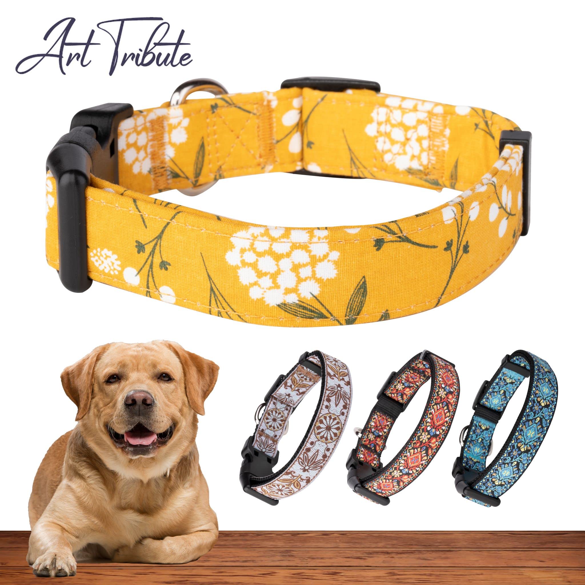 Dog Collars For Small Medium & Large Dogs - Designer Patterns On Long Lasting, Adjustable, Strong And Durable Collars For Dogs - Choose From Stunning Patterns And Colors. Yellow Spring Dog Collar