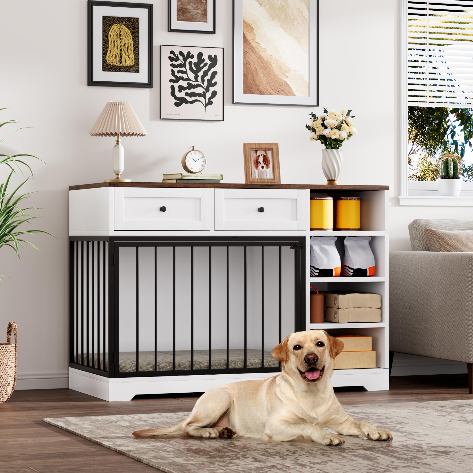 Dog Crate Furniture 47, Large Dog Crate TV Stand with 2 Drawers and 4 Shelves, Wooden Dog Kennel Indoor, Decorative Dog Cage wit