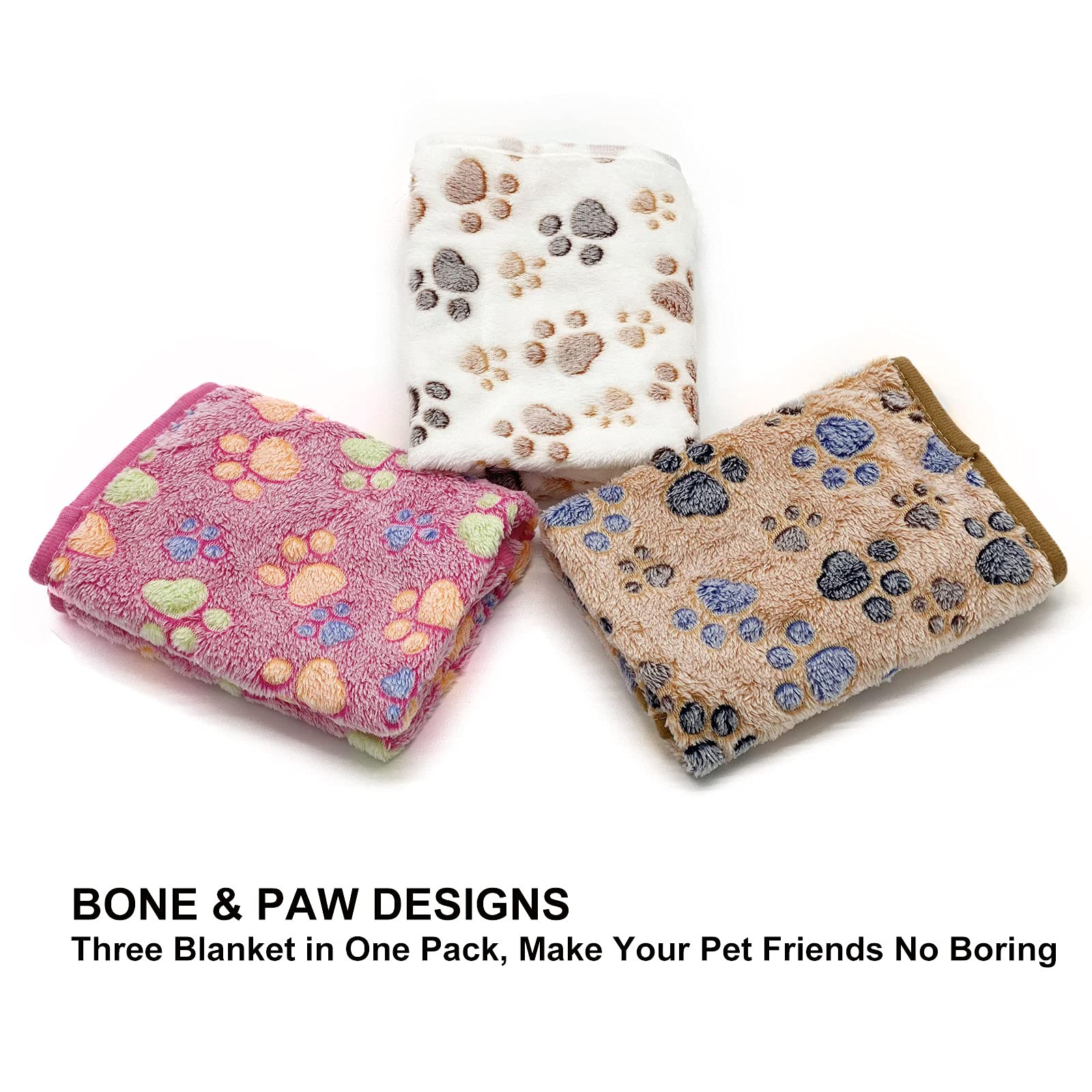 Sorkut 1 Pack 3 Puppy Dog Blankets Super Soft Warm Sleep Mat Fluffy Premium Fleece Pet Blanket Flannel Throw For Dog Puppy Cat - Paw Print Beige/Pink/Brown Small(23'X15')