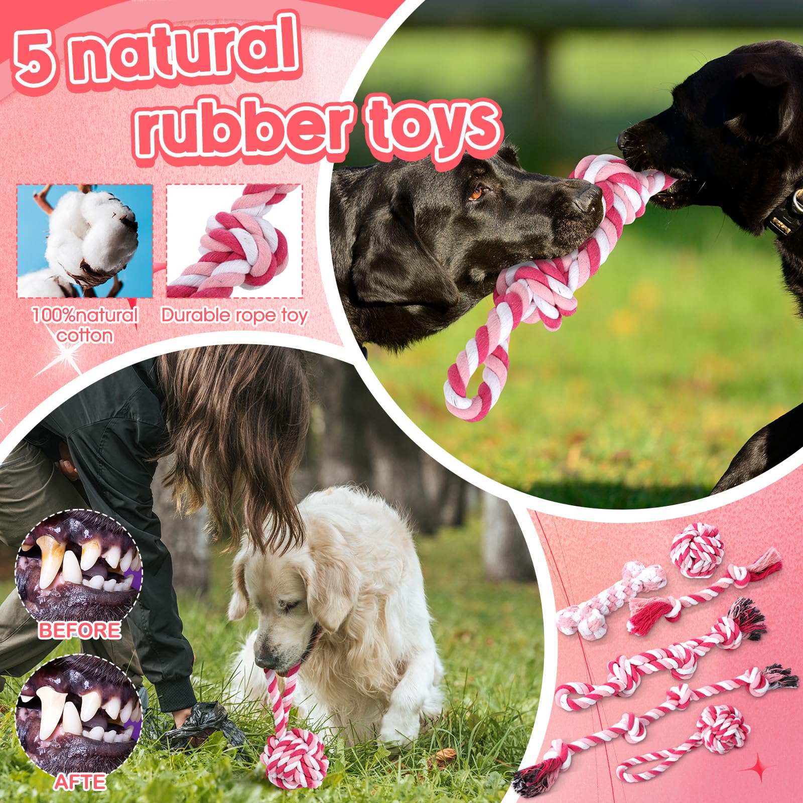 Vinsot 12 Pack Large Dog Chew Toys For Aggressive Chewers Pink Teething Toys With Dental Rope Squeaky Balls And Chew Bone For Me