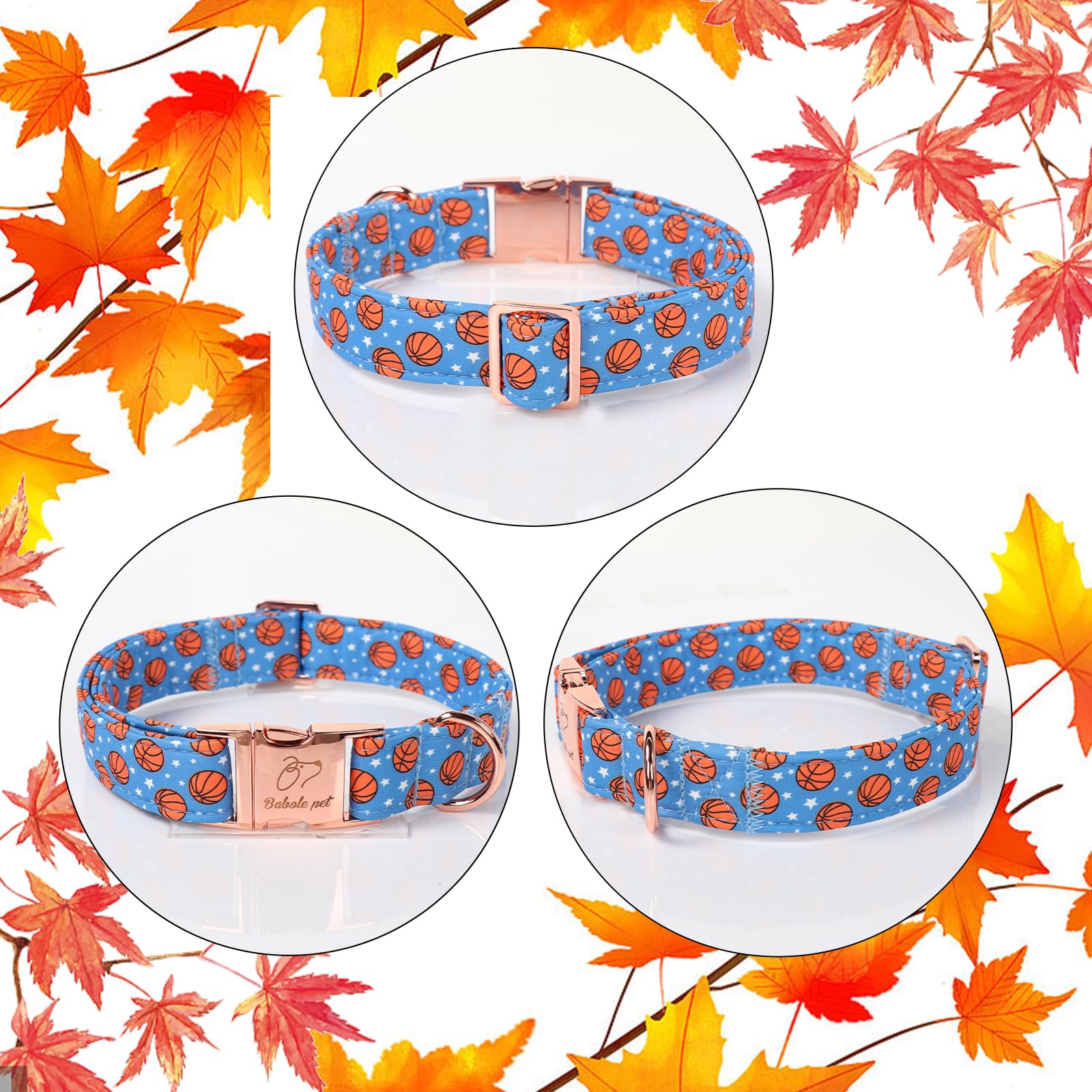 Babole Pet Adjustable Boy Dog Collar - Cute Blue Basketball Print Dog Collars For Medium Dogs, Durable Pet Heavy Duty Metal Buck