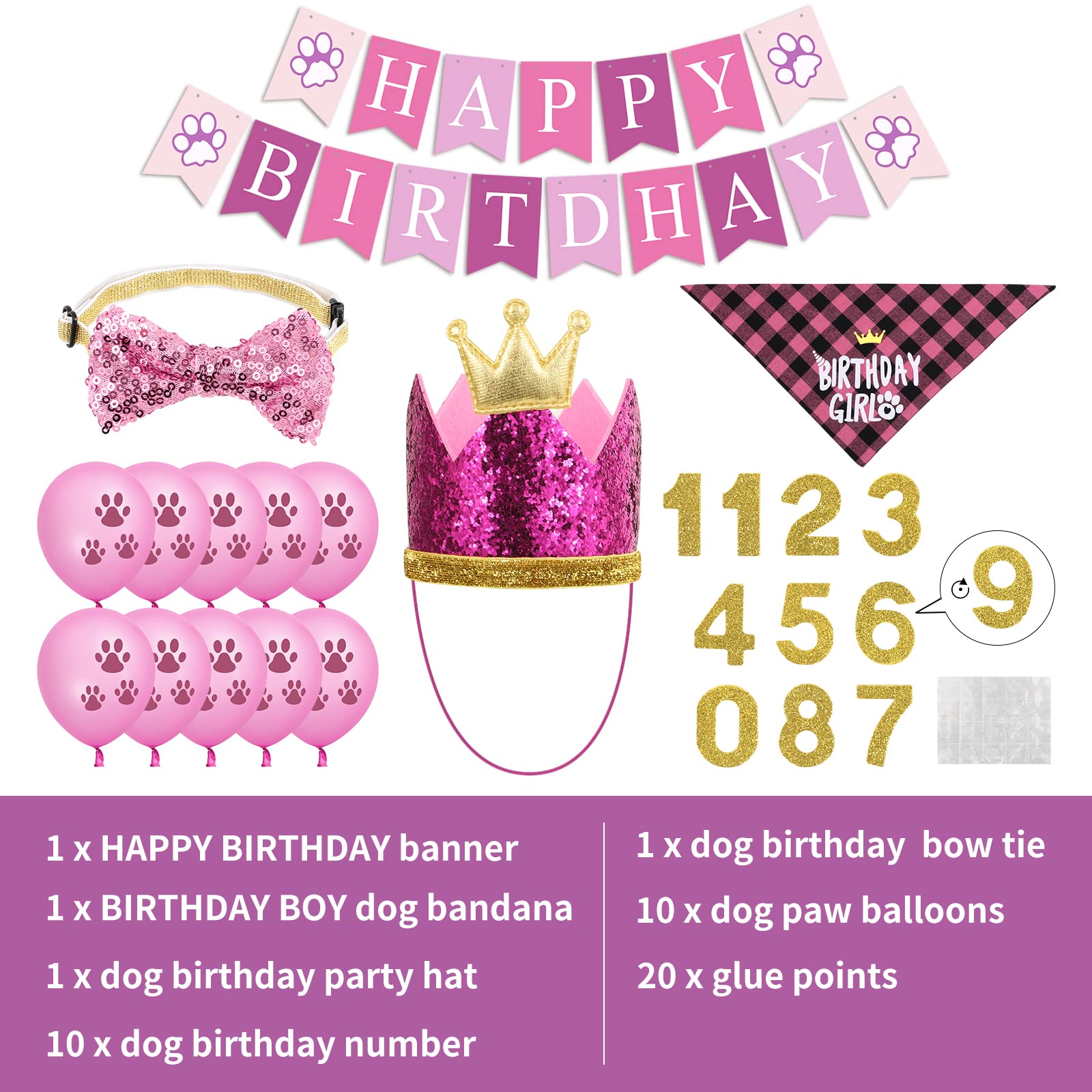 Selemoy Dog Birthday Party Supplies, Dog Birthday Hat Bandana Scarf With Cute Bow Tie, Flag, Balloons For Small Medium Dogs Pets
