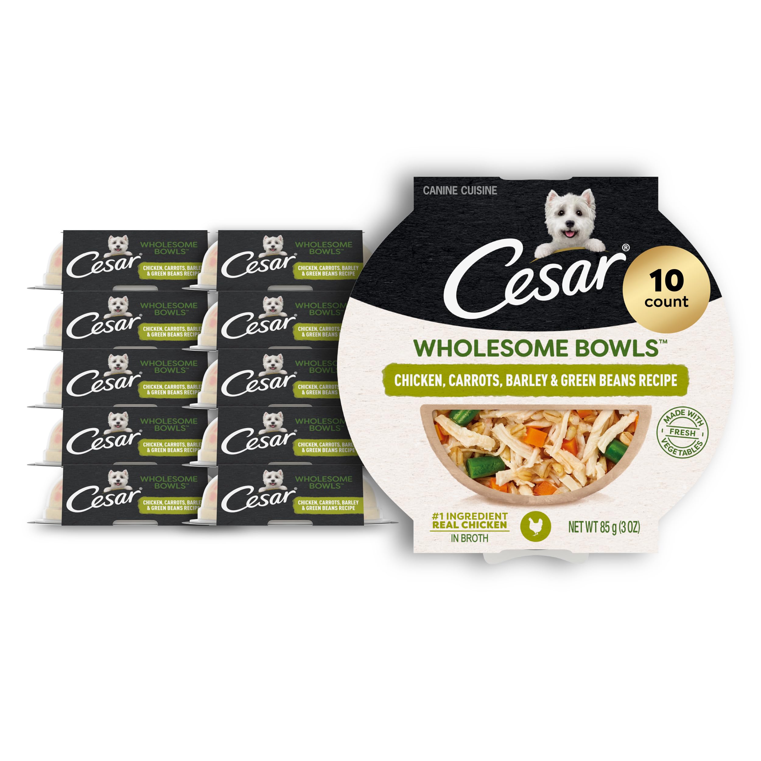 Cesar Wholesome Bowls Adult Wet Dog Food, Chicken, Carrots, Barley & Green Beans Recipe, 3 oz. (10 Count, Pack of 1)