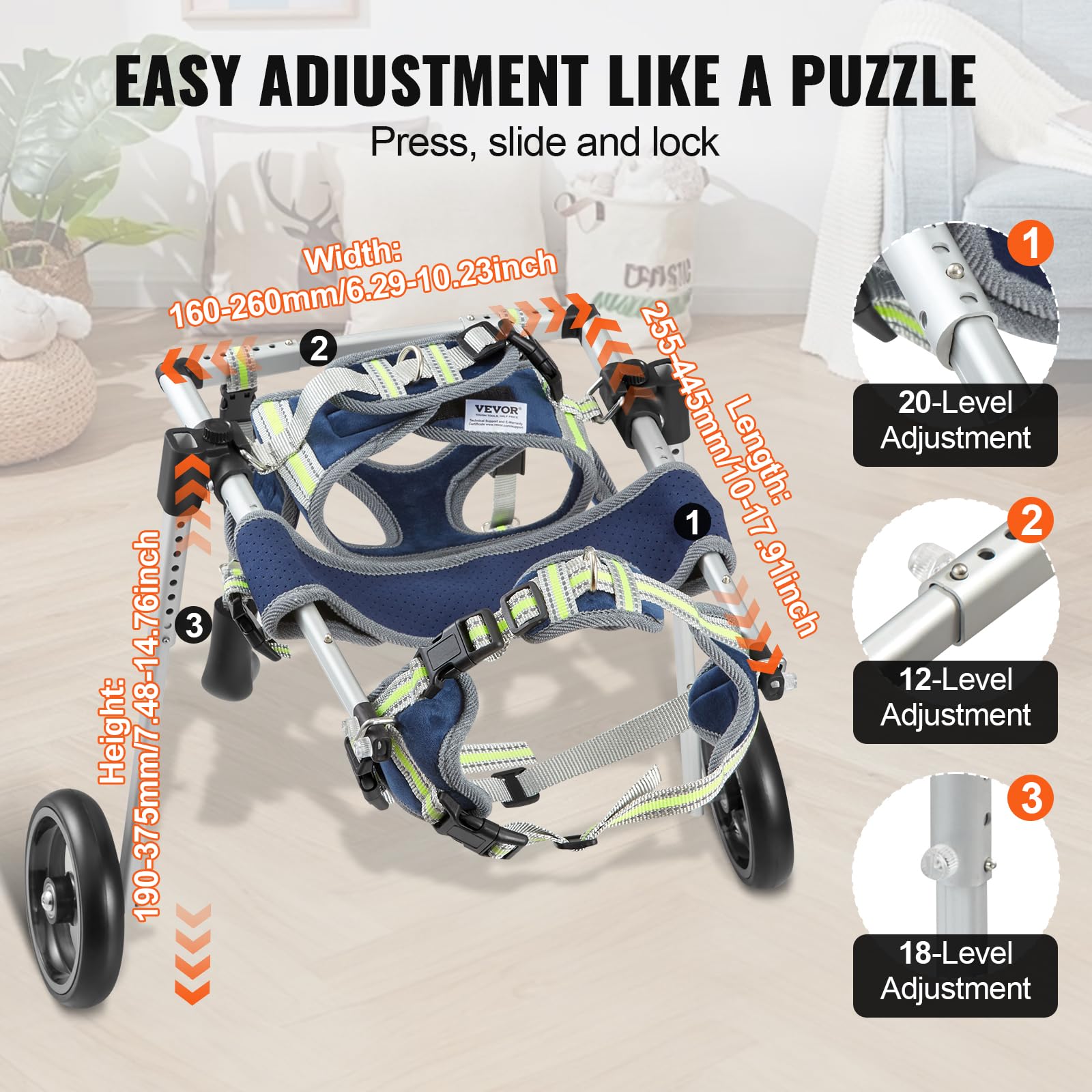 VEVOR 2 Wheels Dog Wheelchair for Back Legs, Pet Wheelchair Lightweight & Adjustable Assisting in Healing, Dog Cart/Wheelchair f