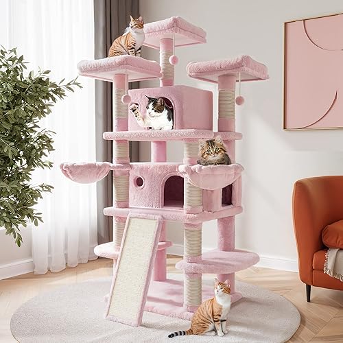 Sha Cerlin 68 Inches Multi-Level Large Cat Tree For Large Cats/Big Cat Tower With Cat Condo/Cozy Plush Cat Perches/Sisal Scratching Posts And Hammocks/Cat Activity Center Play House, Pink