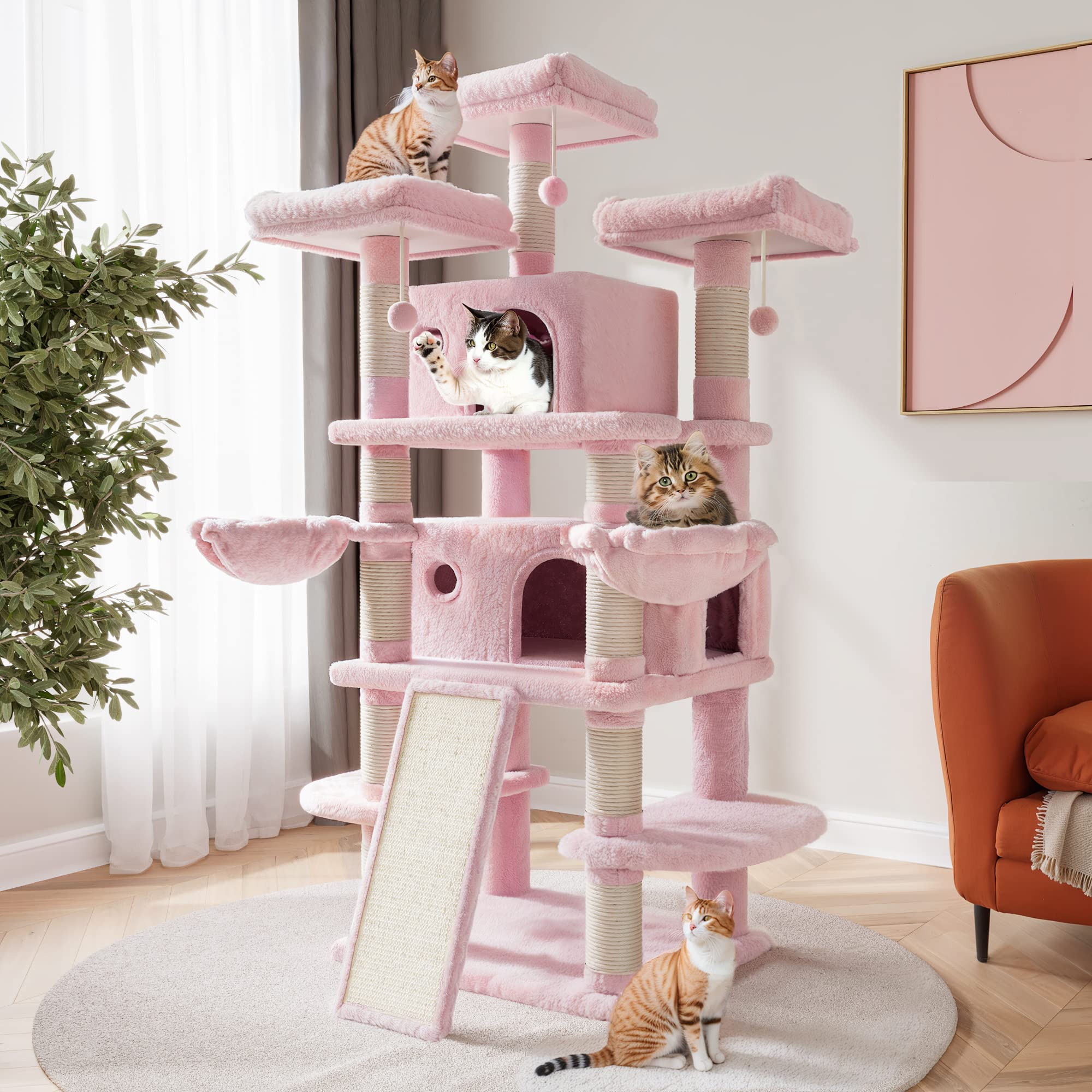 Sha Cerlin 68 Inches Multi-Level Large Cat Tree For Large Cats/Big Cat Tower With Cat Condo/Cozy Plush Cat Perches/Sisal Scratching Posts And Hammocks/Cat Activity Center Play House, Pink