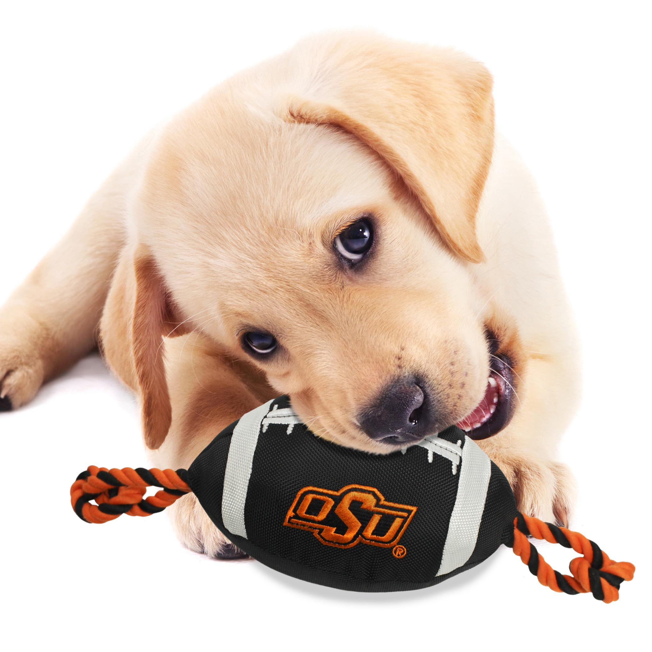 Pets First NCAA Oklahoma State Cowboys Football Dog Toy, Tough Quality Nylon Materials, Strong Pull Ropes, Inner Squeaker, Colle