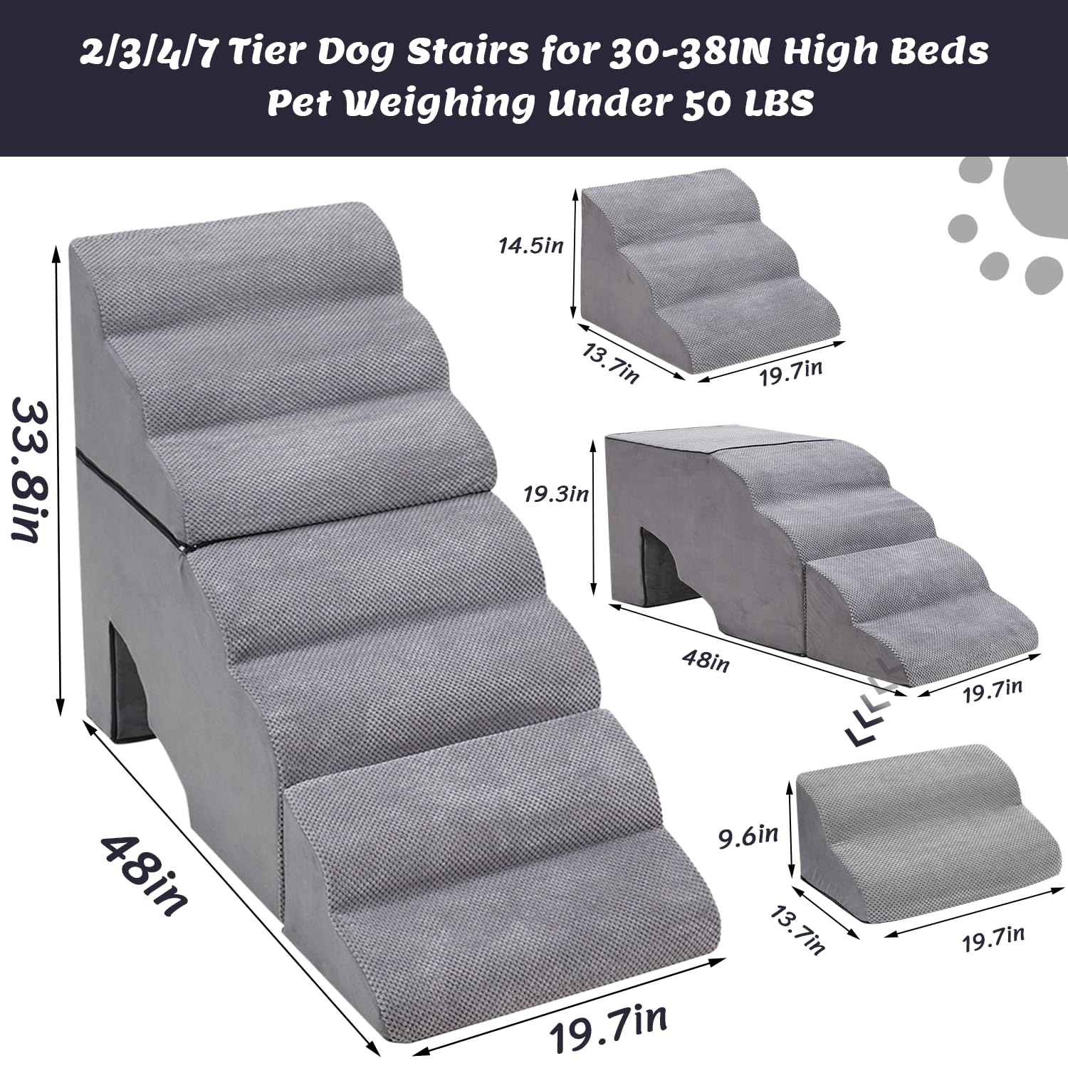 MALOROY 7 Tiers 34inch Extra Wide Foam Dog Ladder/Ramps for High Bed, Non-Slip Pet Step/Stairs for Older Injured Dogs, Cats -Gre