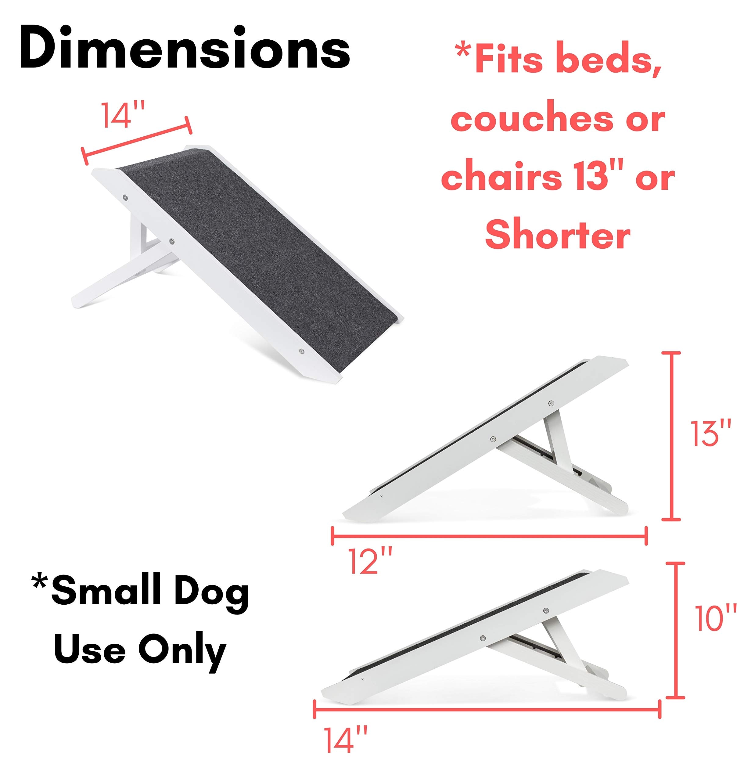 Birdrock Home Adjustable Dog Ramp For Low Beds Or Couches - Small Dogs Or Cats Only - Decorative Wooden Folding Doggie Ramps - Paw Friendly Grip Carpet - White 13'
