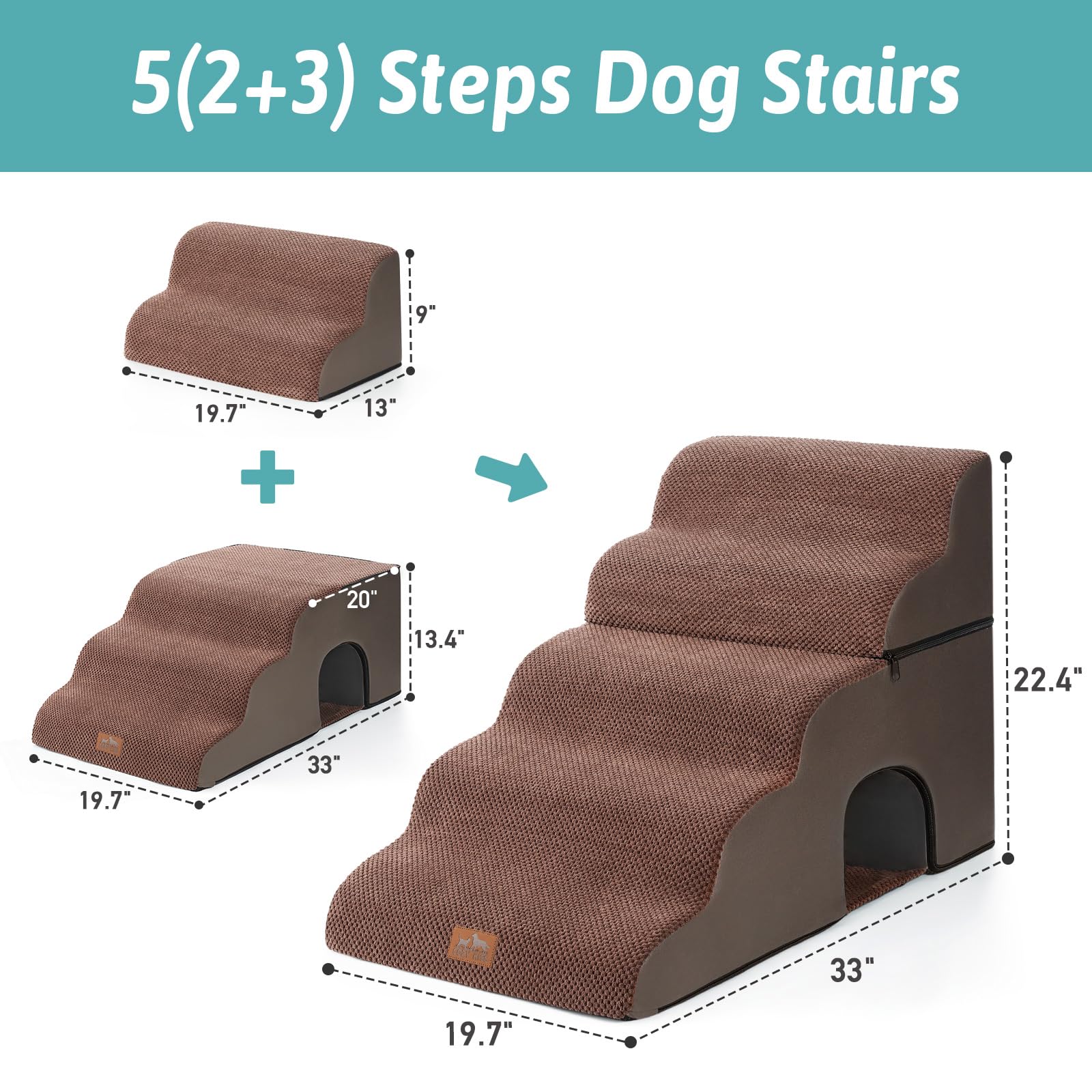Cozy Kiss Wide Dog Stairs For Bed With Tunnel 19.7'' Width, Foam Detachable Large Dog Step For Small Dog, Puppy Or Cats, Medium