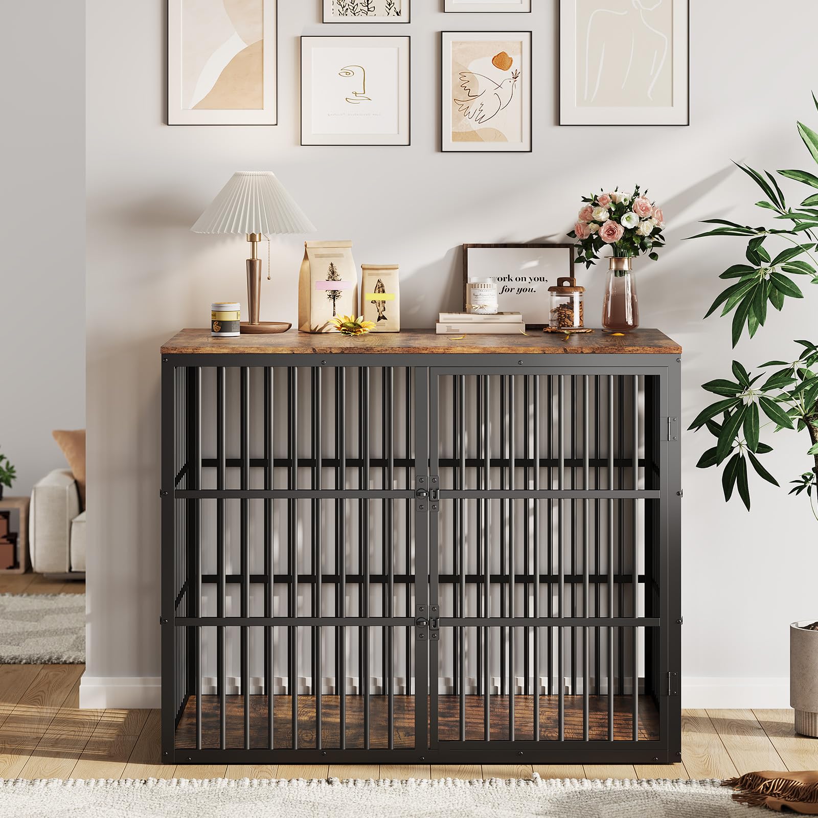 48 Dog Crate Furniture, 3-in-1 Wooden Dog Kennel with 3 Lockable Doors, Heavy Duty Metal Frame & Sturdy Panels, Large End Tabl