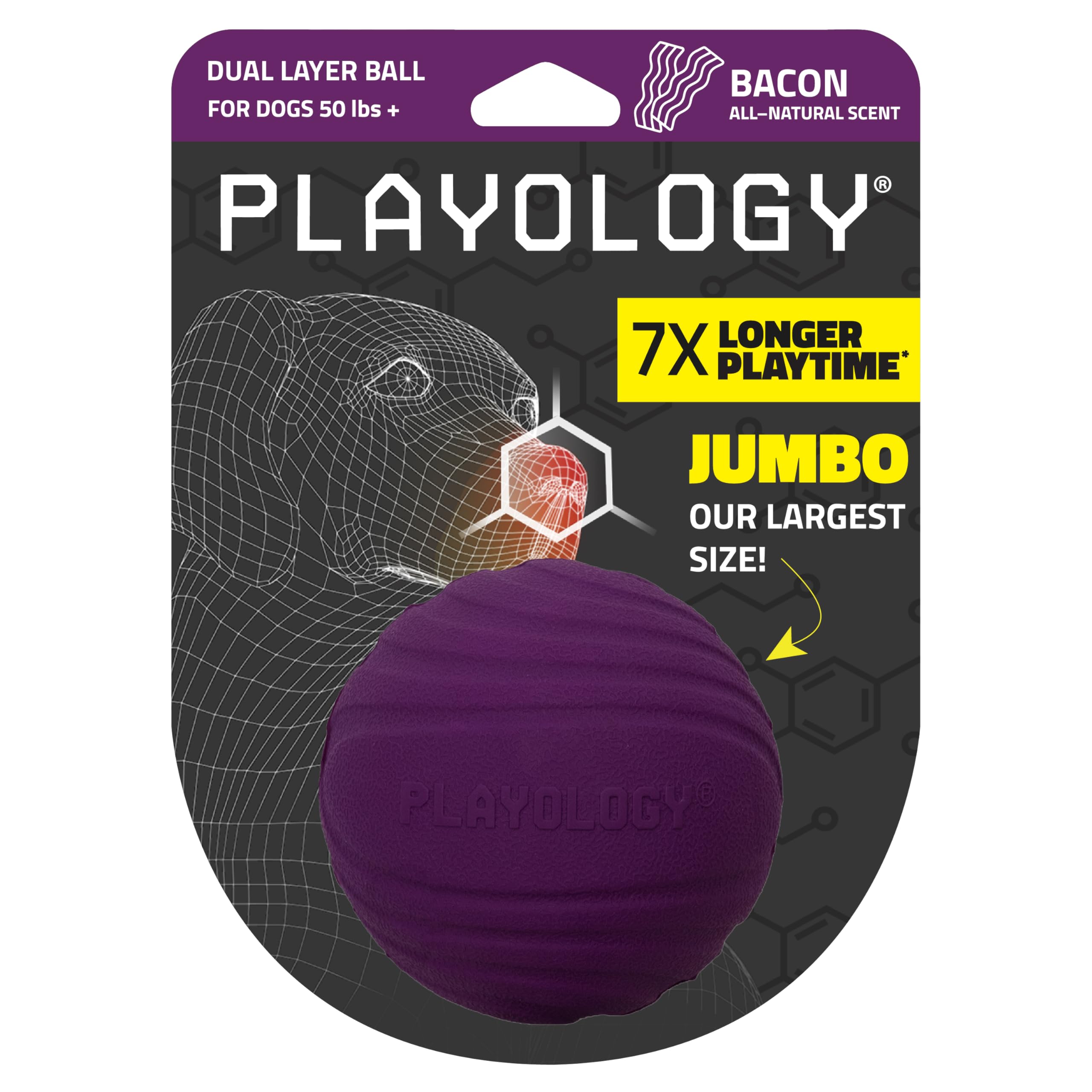 Playology Dual Layer Ball For Dogs | Engaging All Natural Bacon Scented Purple Toy | Jumbo Sized Chew Ball For Large To X-Large 