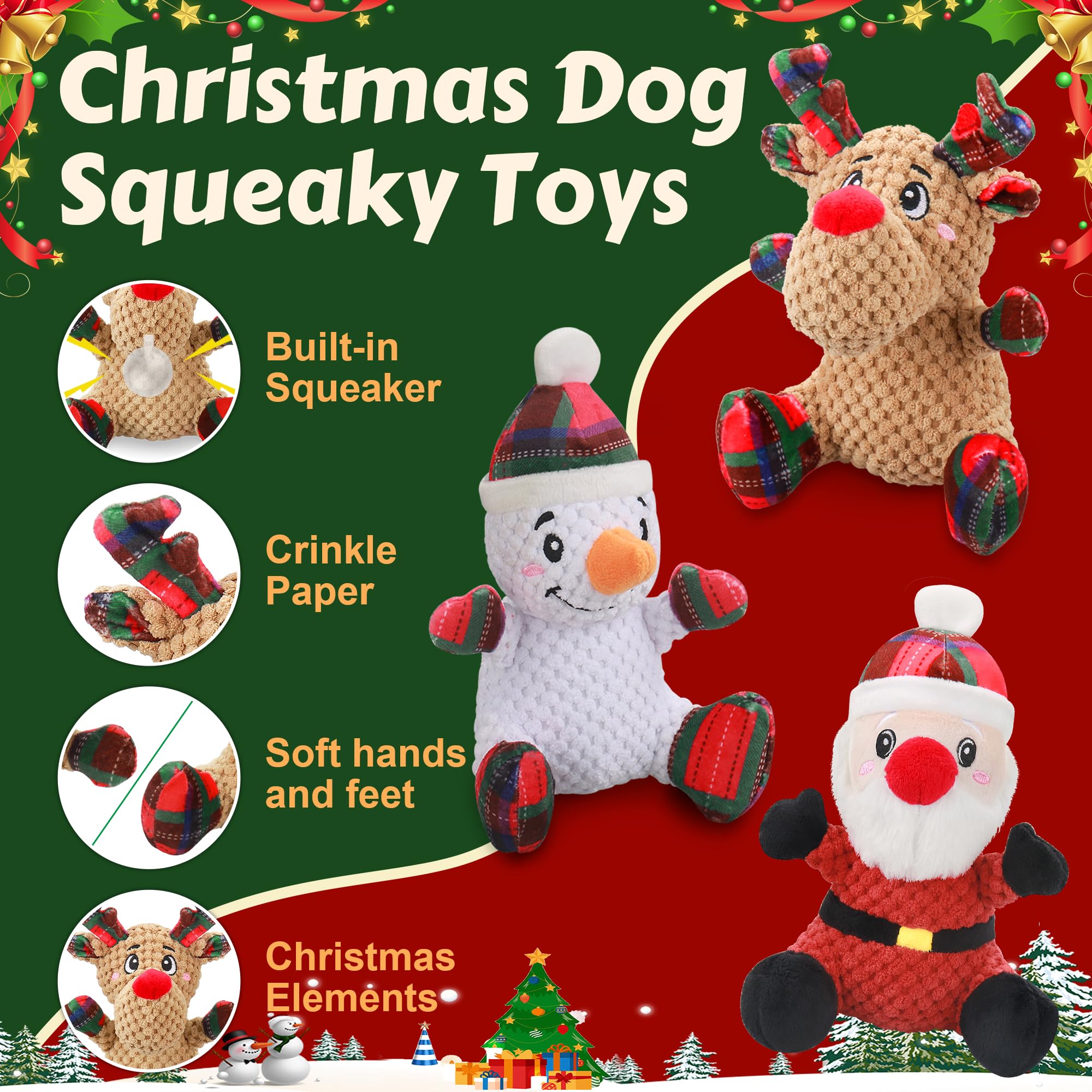 Newget Squeaky Dog Toys, 3 Pack Dog Chew Toys With Crinkle Paper For Puppy, Small, Medium, Large Dogs, Interactive Pet Holiday T