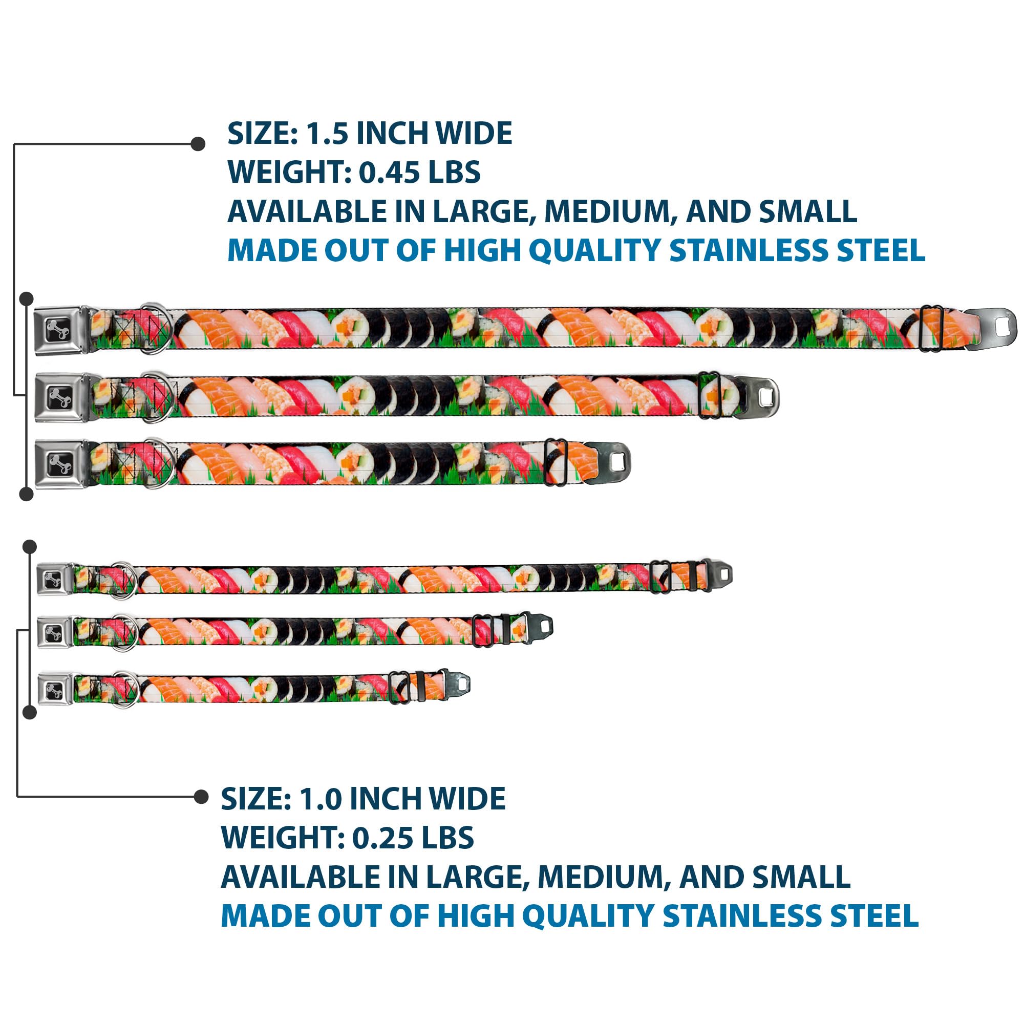 Dog Collar Seatbelt Buckle Sushi Vivid 16 To 23 Inches 1.5 Inch Wide, Multicolor