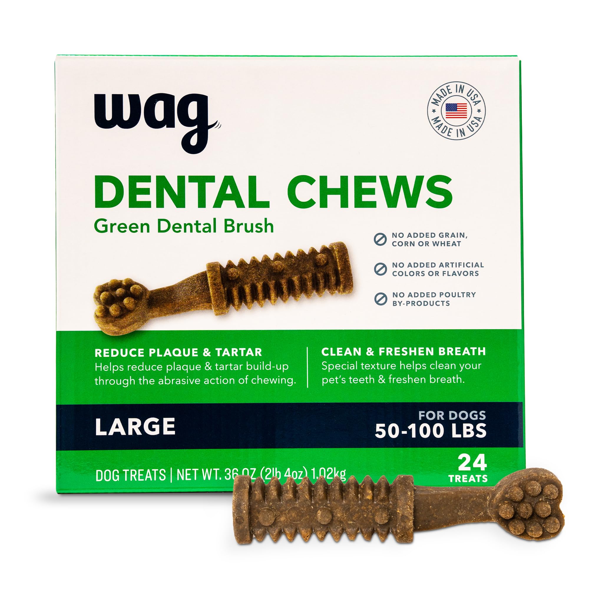 Amazon Brand - Wag Dental Chews - Green Dental Brush for Dogs, Large, Unflavored, 24 Count (Pack of 1)