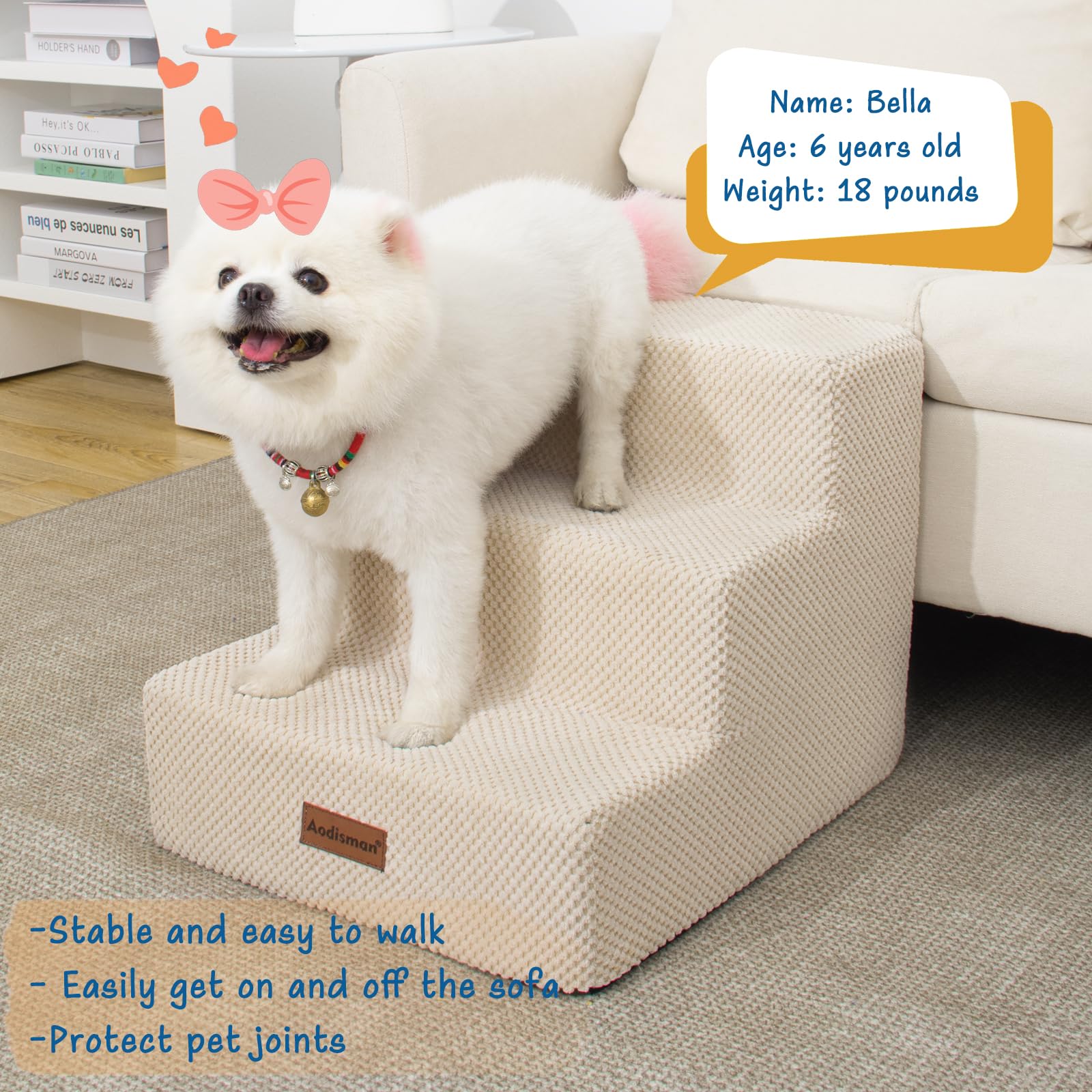 Dog Stairs for Small Dogs & Cats, 3-Step Non-Slip Pet Steps for Couch Sofa and Chair, Beige, 13.6  H