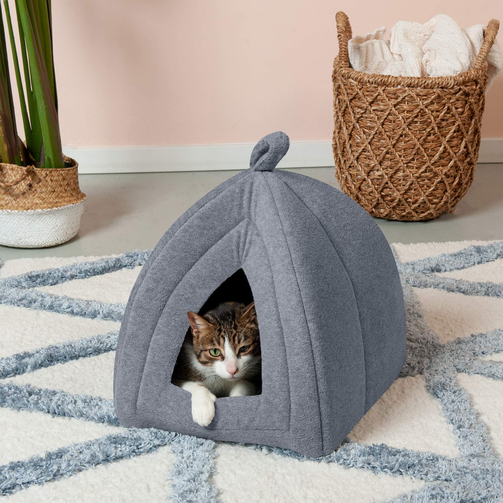Furhaven Cat Bed Cave for Indoor Cats & Small Dogs, Washable & Foldable w/ Removable Cushion - Polar Fleece Pet Tent - Heather G