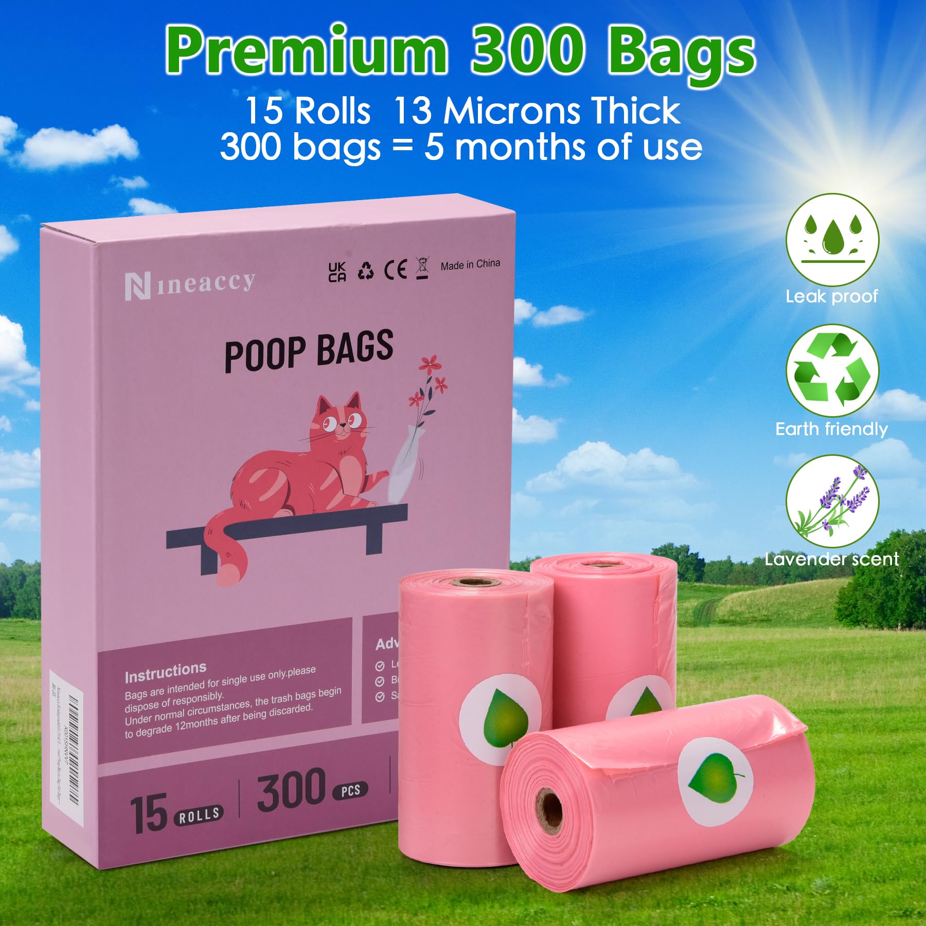 Wdfaack Biodegradable Pink Dog Poo Bags Lavender Scent With Dispenser - 300 Large Poop Bags, Extra Thicken Strong Corn Starch Bl