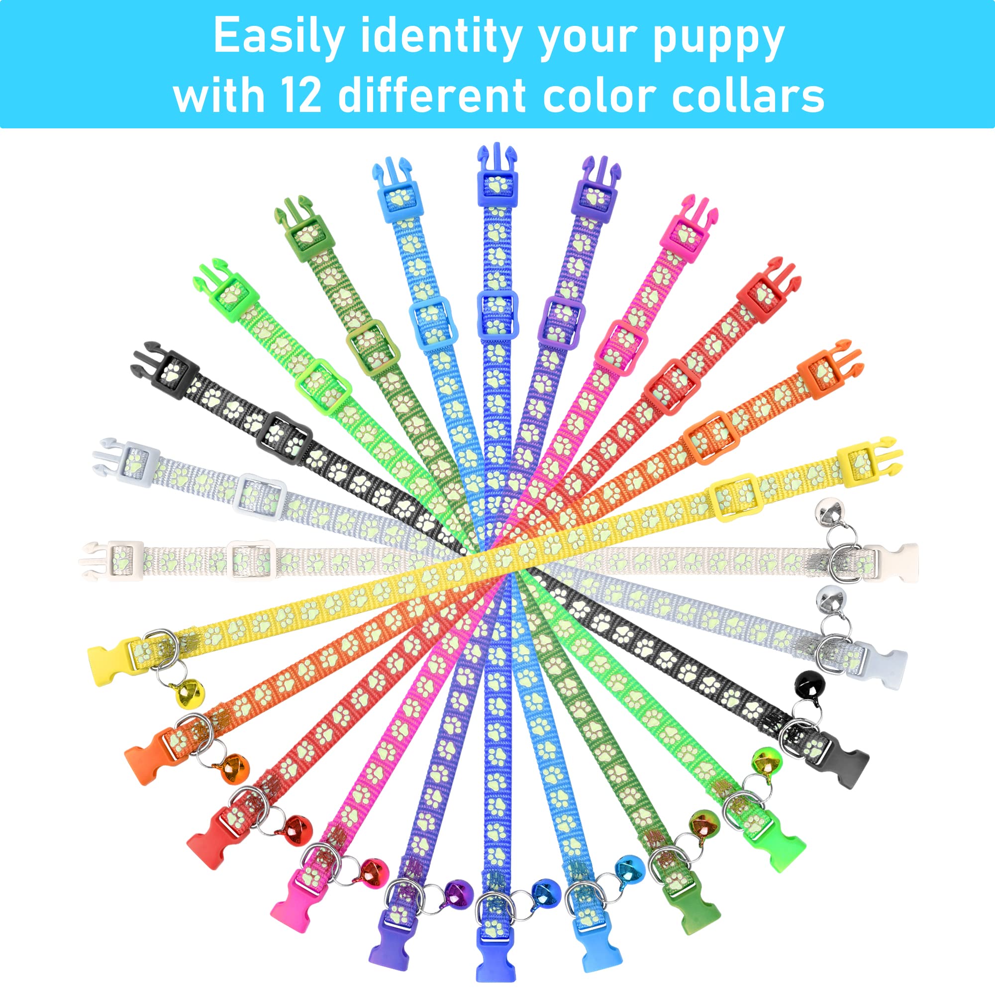 GAMUDA 12Pcs Reflective Puppy Collars, Soft Nylon Whelping Collars, Identification Collars Glow in The Dark, Adjustable Buckle L