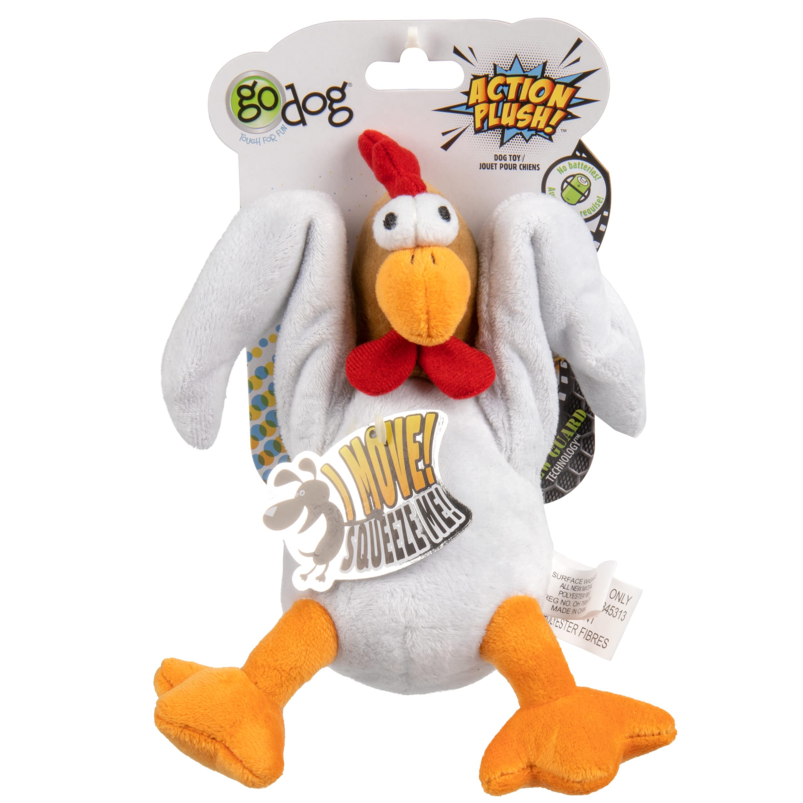 Godog Action Plush Chicken Animated Squeaky Dog Toy, Chew Guard Technology - White, One Size