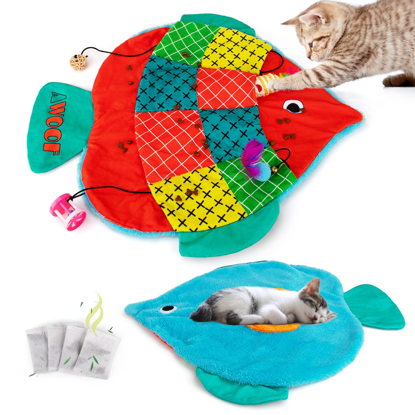 Awoof Cat Mat, Cute Soft Catnip Mat, Cat Activity Mat Machine Washable Cat Play Mat For Small Medium Large Cats With 8 Pockets, 