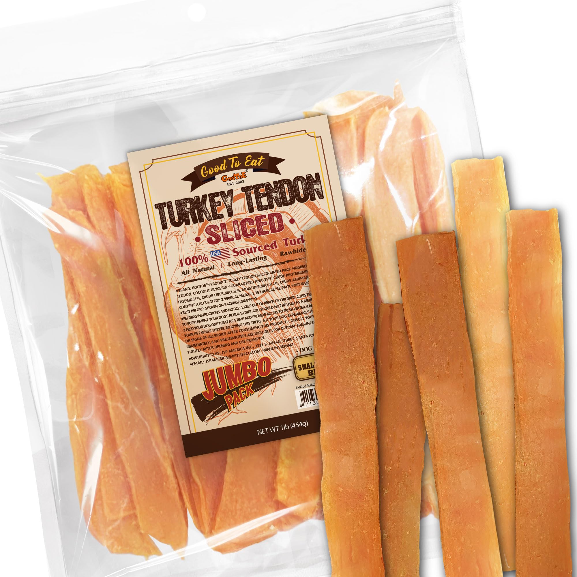 Gootoe Turkey Tendon Dog Treats, Sliced (M) 1 lb, 100% USA-Sourced Turkey, Natural Snack, Premium Puppy Chews, Hypoallergenic, R