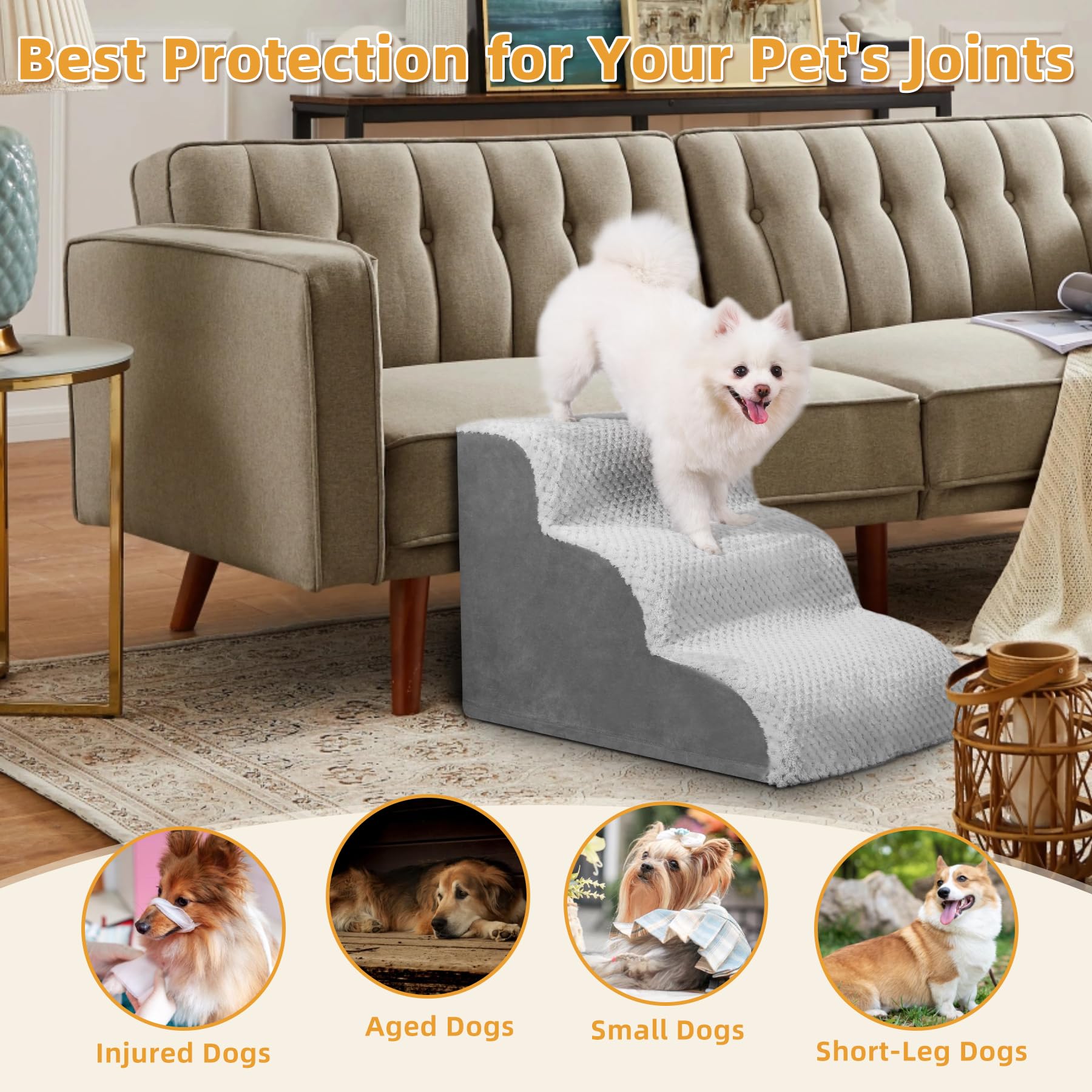 Mihikk Dog Stairs Ramp, Curved 3-Step Dog Steps For Small Dogs And Cats, Pet Stairs For High Beds And Couch With Anti-Slip Washa