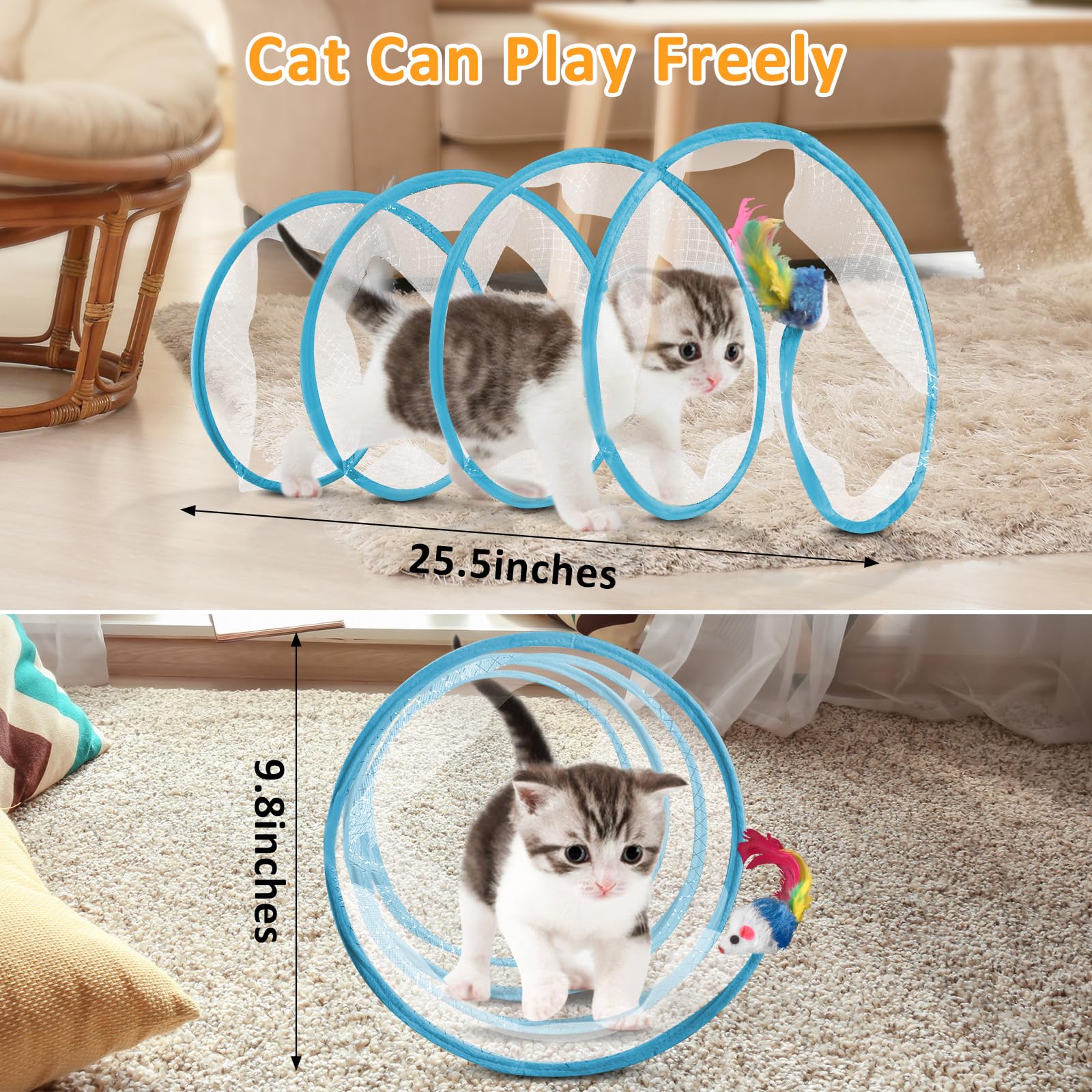 Eggsun 2-Piece Spiral Cat Tubes For Indoor Cats, Large Collapsible Tunnel With Feather Mouse Interactive Toy (Yellow + Blue)