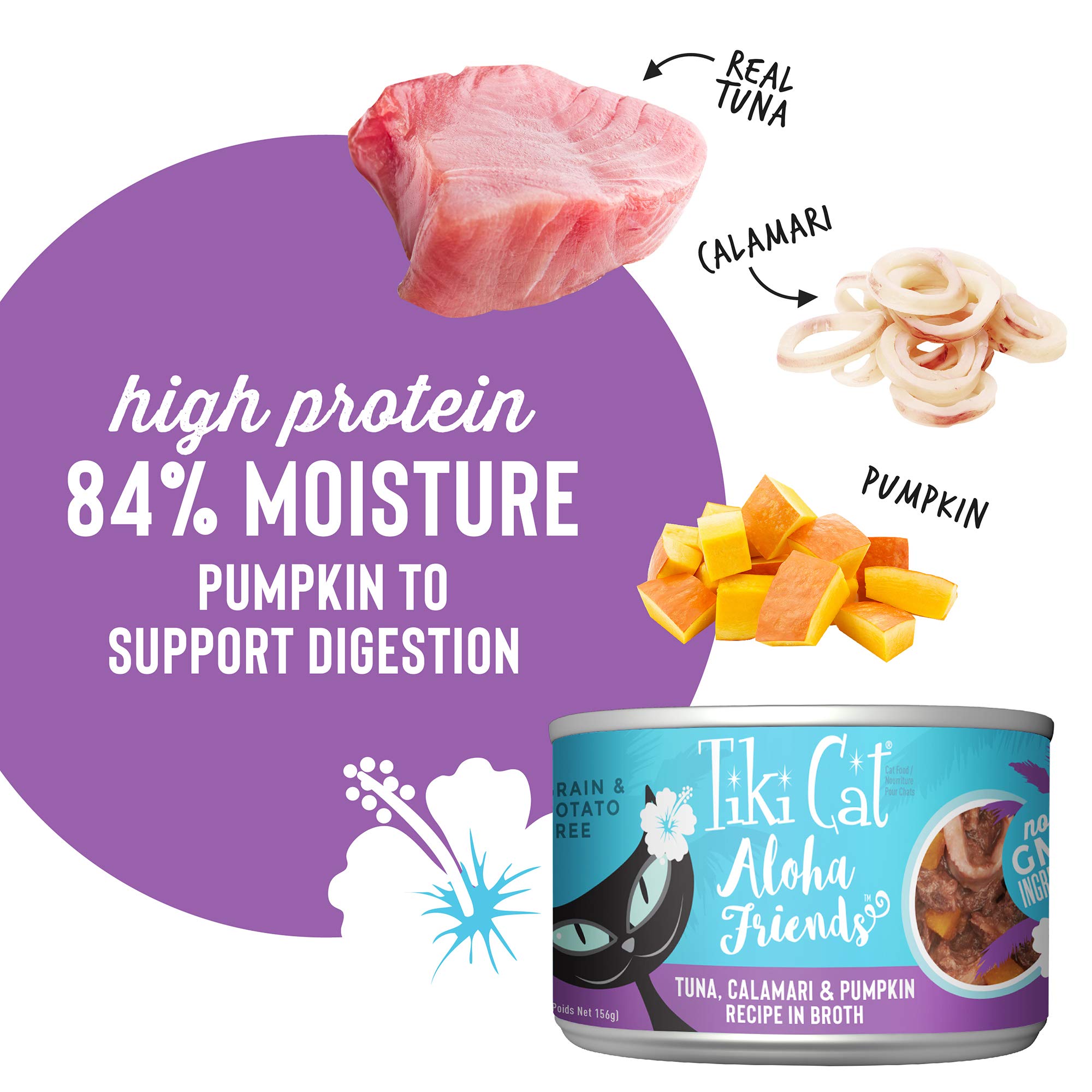 Tiki Cat Aloha Friends, Tuna, Calamari & Pumpkin, Grain-Free & High Moisture, Wet Cat Food for All Life Stages 5.5 oz. Cans (Pac