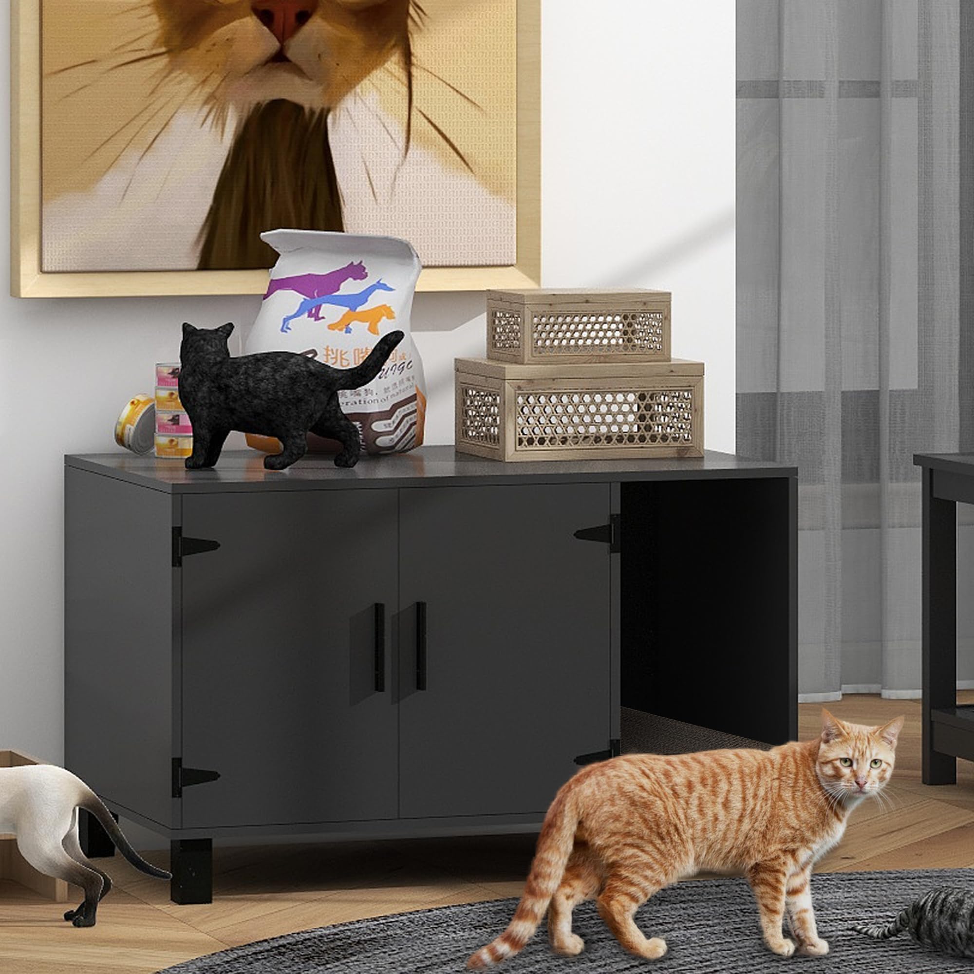 Taohfe Litter Box Enclosure Cat Litter Box Furniture Hidden With Cat Scratch Pad Decorative Farmhouse Wooden Hidden Litter Box C