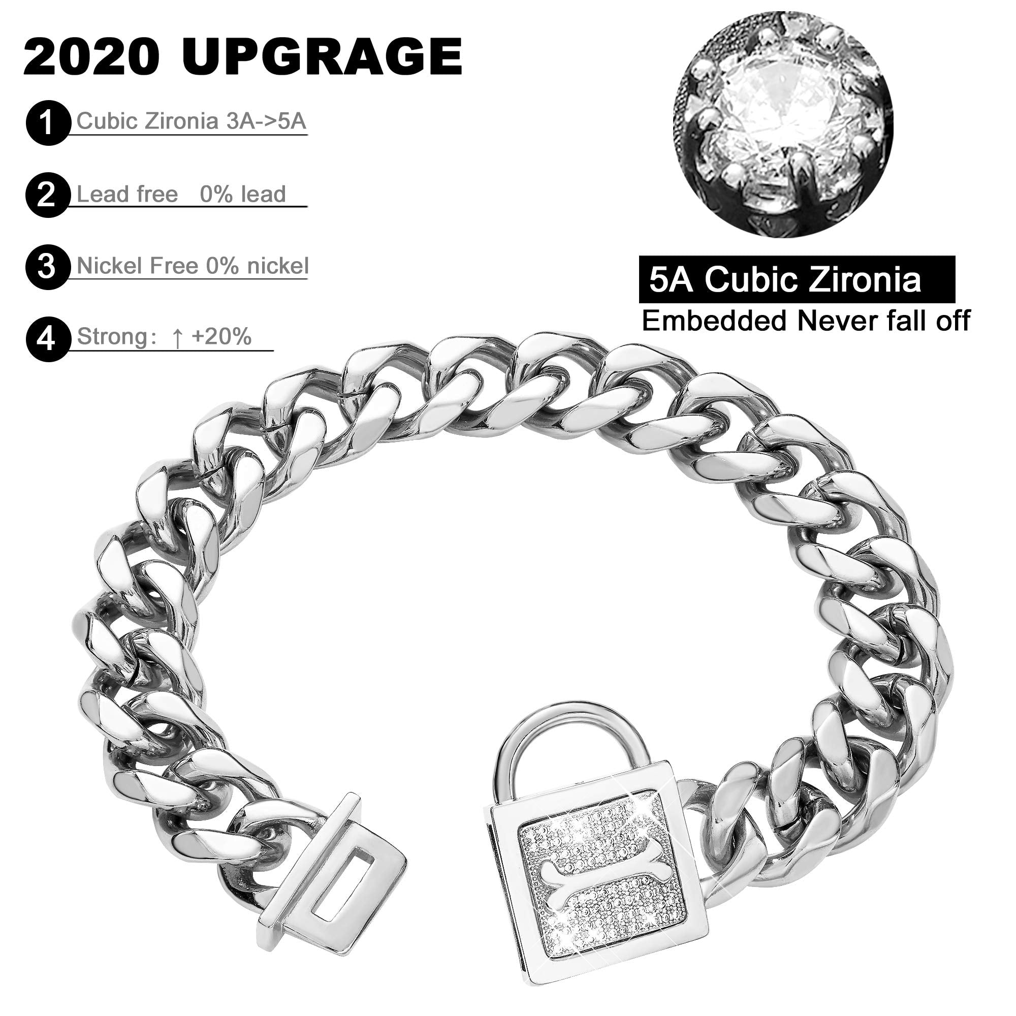 Pradog Dog Collar With Zirconia Locking 19Mm Hand Polished Stainless Steel Metal Puppy Collar Luxury Dog Bling Necklace Small Medium (19Mm, 22')