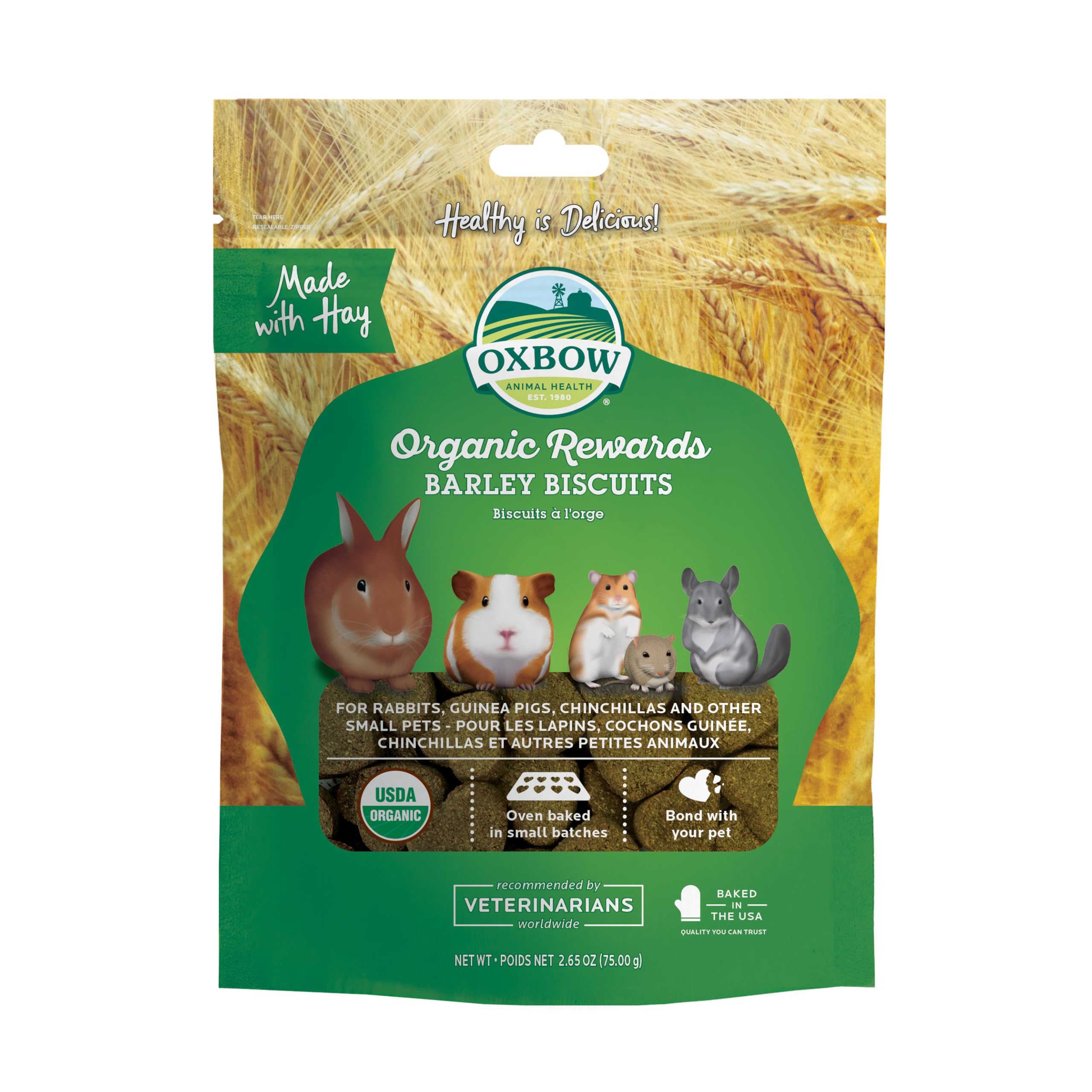 Oxbow Organic Barley Biscuits, Rabbit & Guinea Pig Treats, Organic Hamster & Bunny Treats with Barley, Apple & Carrot, Made in U